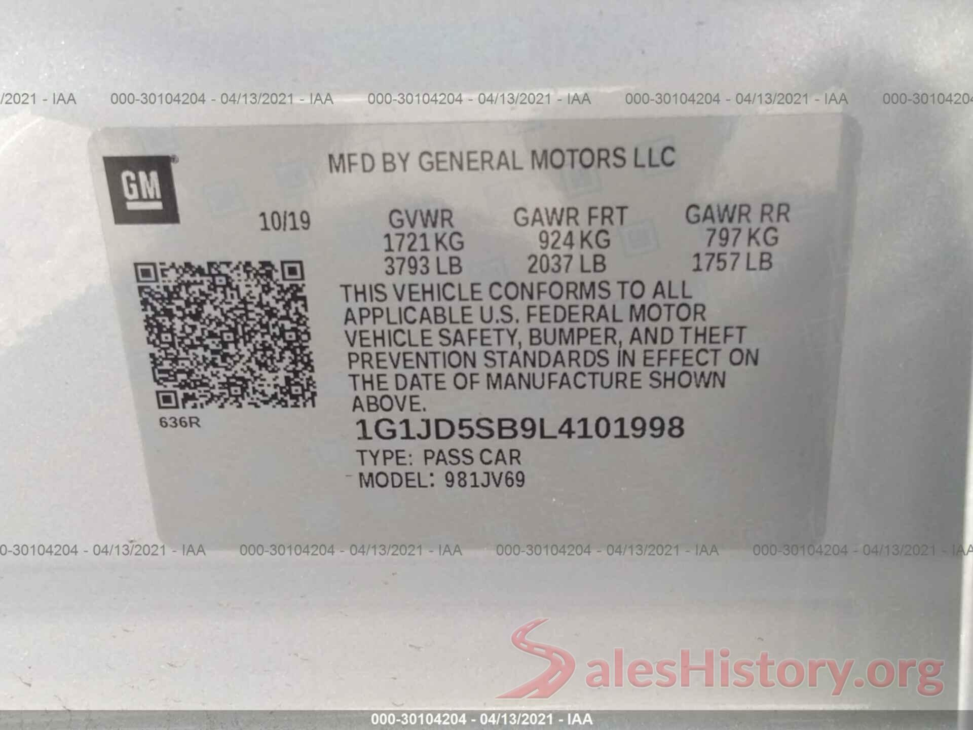 1G1JD5SB9L4101998 2020 CHEVROLET SONIC