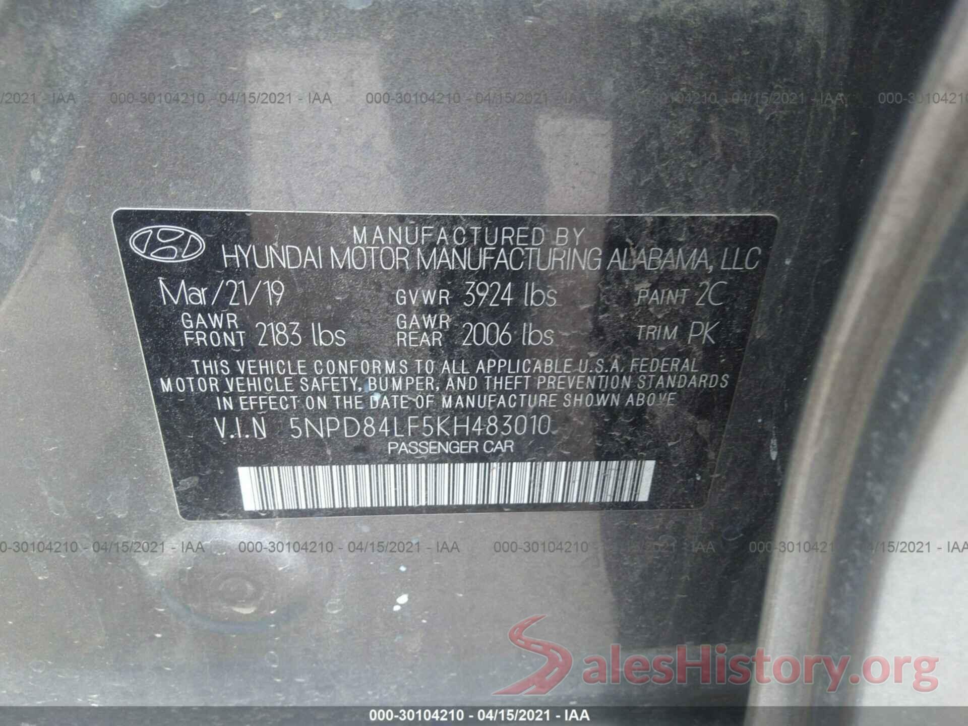 5NPD84LF5KH483010 2019 HYUNDAI ELANTRA