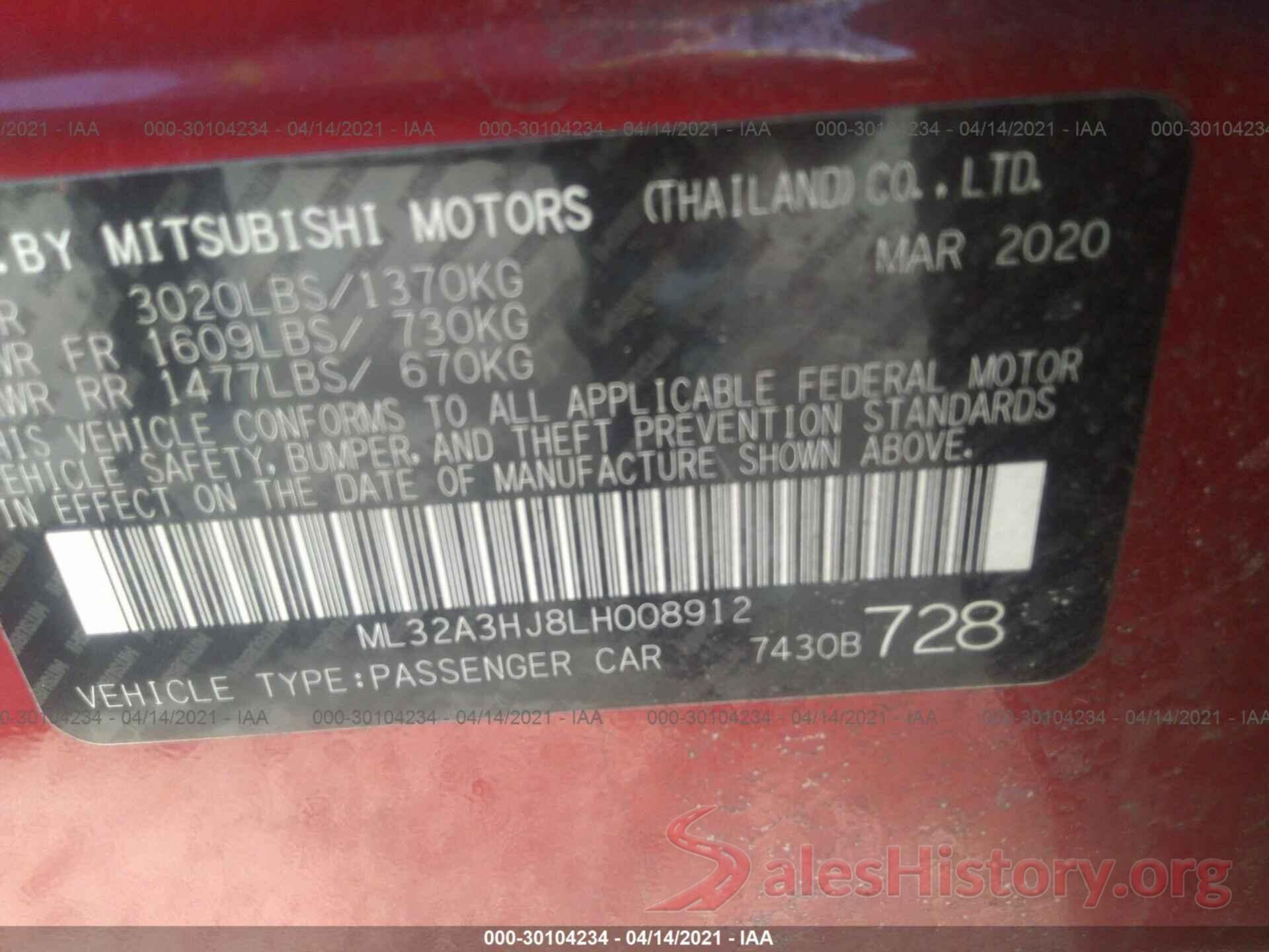 ML32A3HJ8LH008912 2020 MITSUBISHI MIRAGE