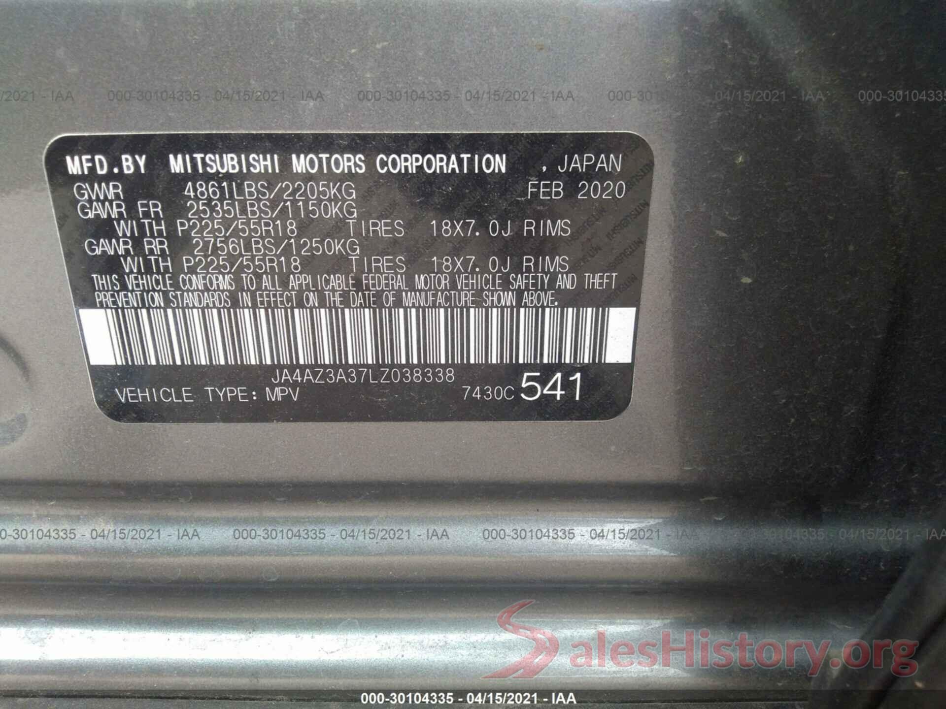 JA4AZ3A37LZ038338 2020 MITSUBISHI OUTLANDER