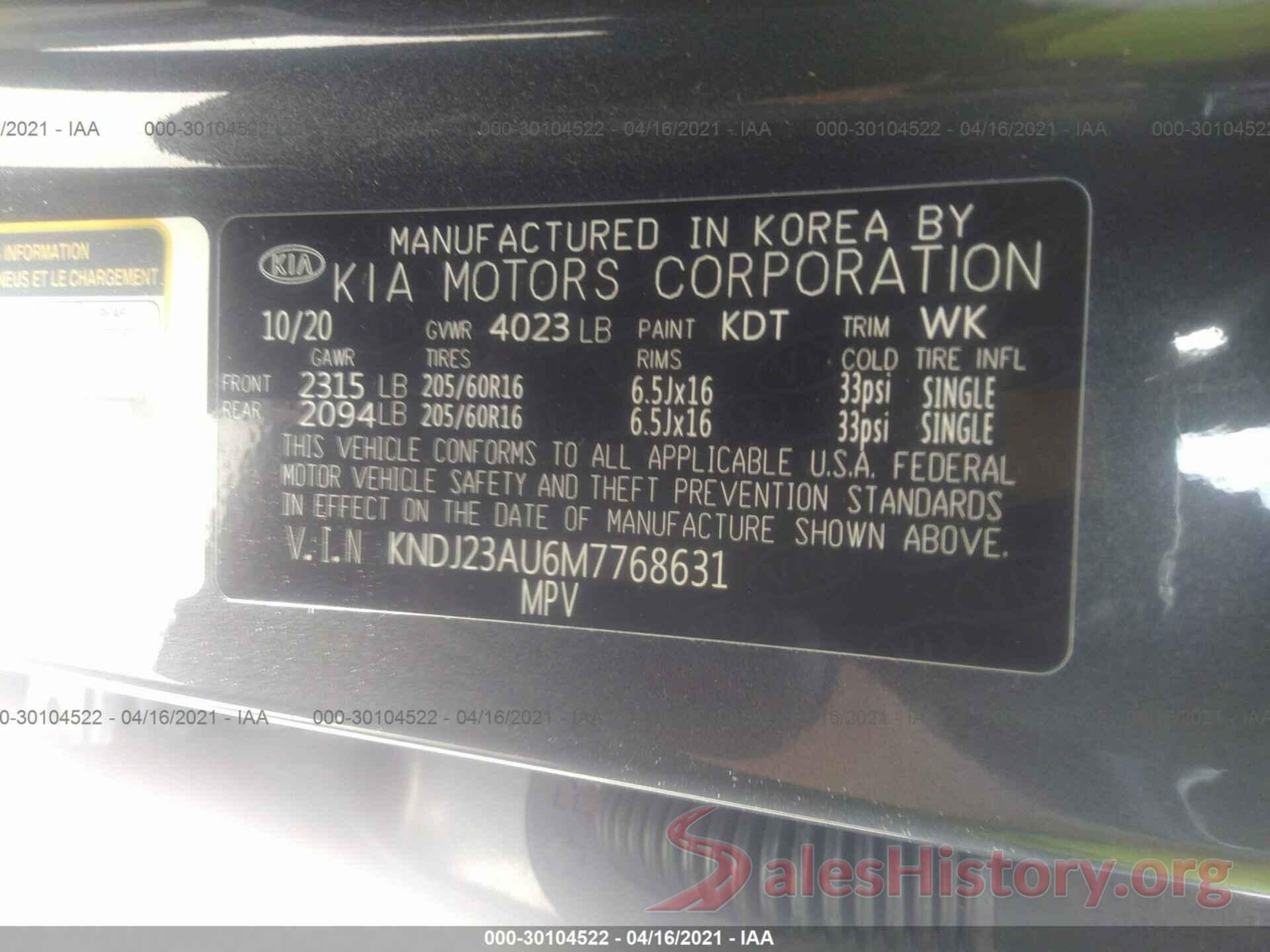 KNDJ23AU6M7768631 2021 KIA SOUL