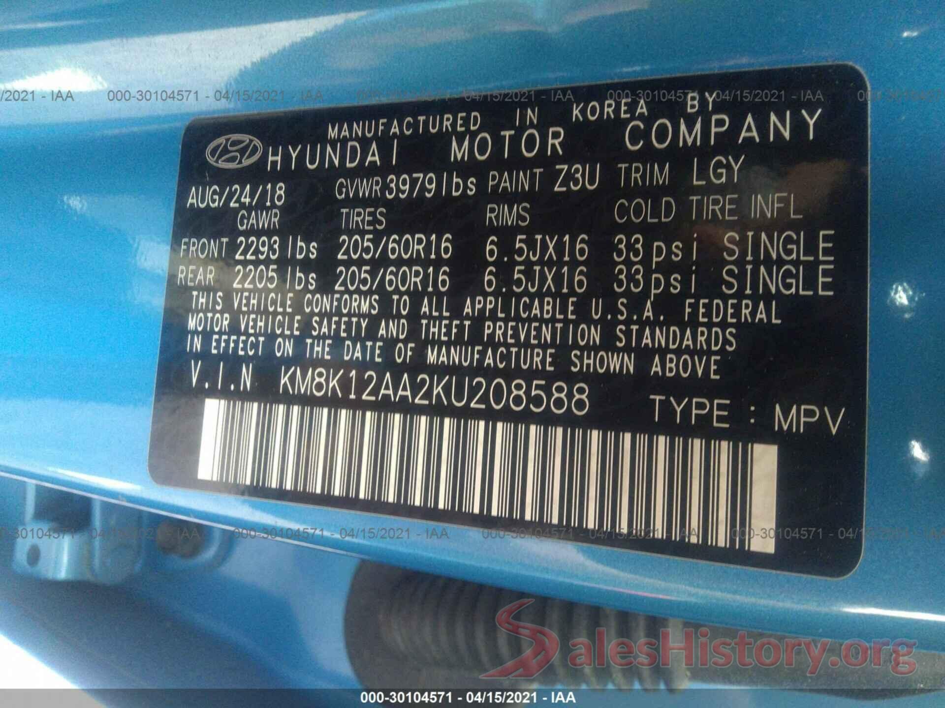 KM8K12AA2KU208588 2019 HYUNDAI KONA