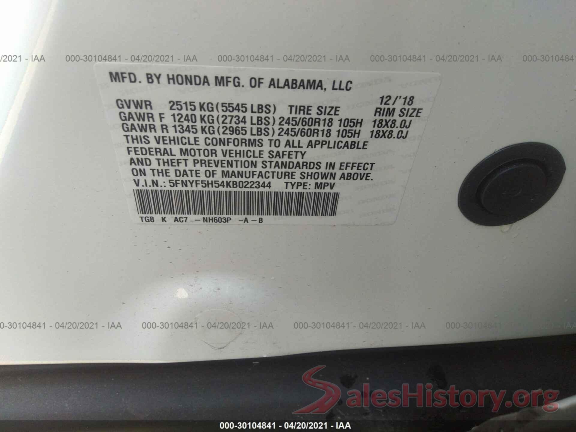 5FNYF5H54KB022344 2019 HONDA PILOT