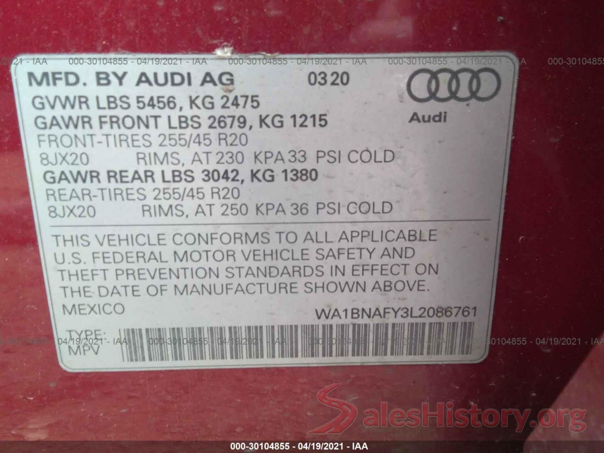 WA1BNAFY3L2086761 2020 AUDI Q5