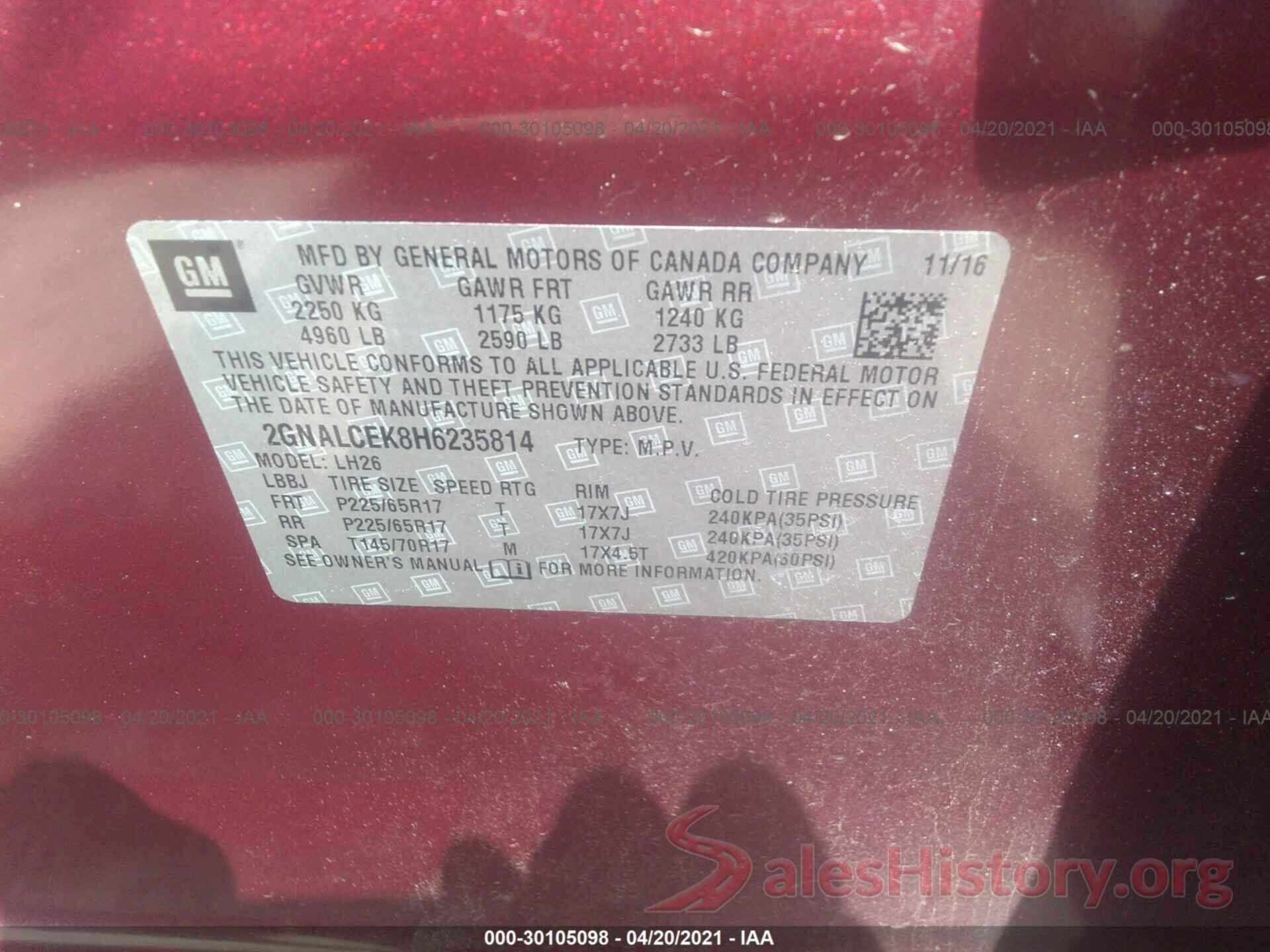 2GNALCEK8H6235814 2017 CHEVROLET EQUINOX