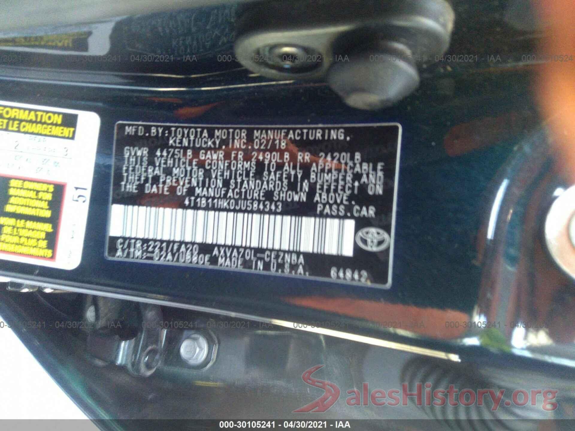 4T1B11HK0JU584343 2018 TOYOTA CAMRY