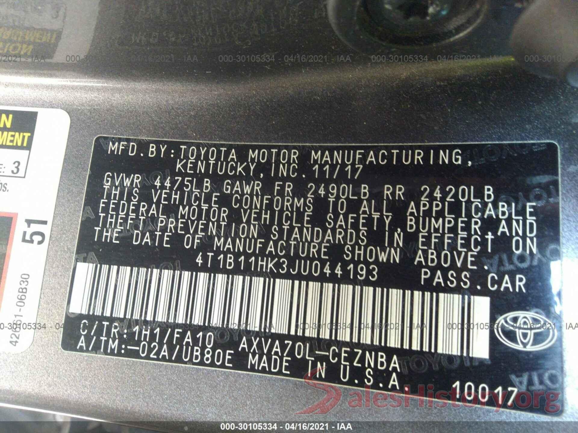 4T1B11HK3JU044193 2018 TOYOTA CAMRY