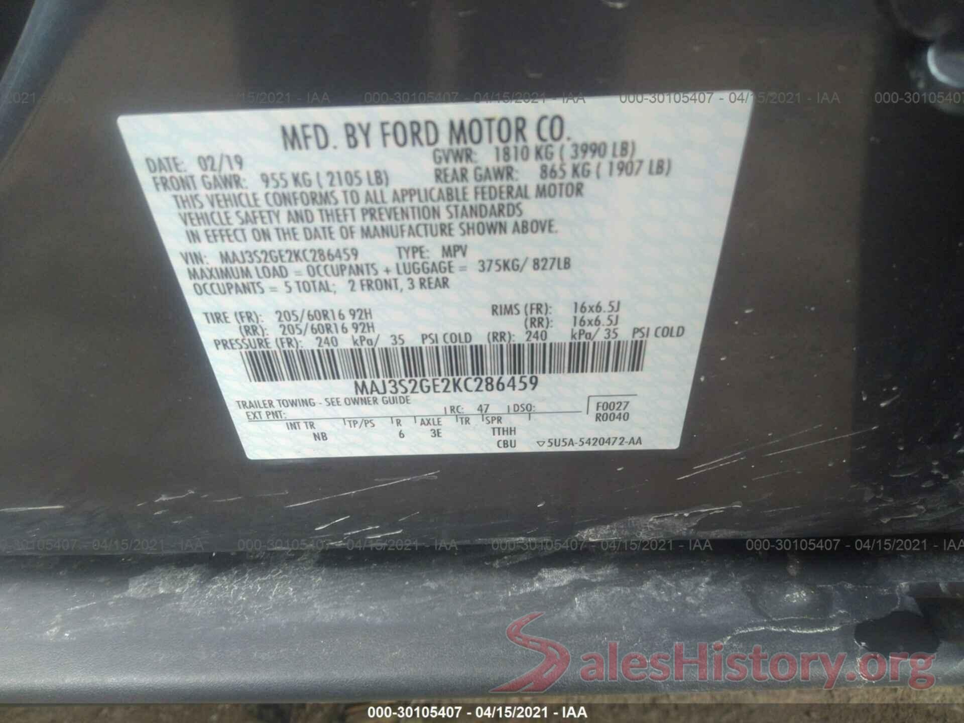 MAJ3S2GE2KC286459 2019 FORD ECOSPORT