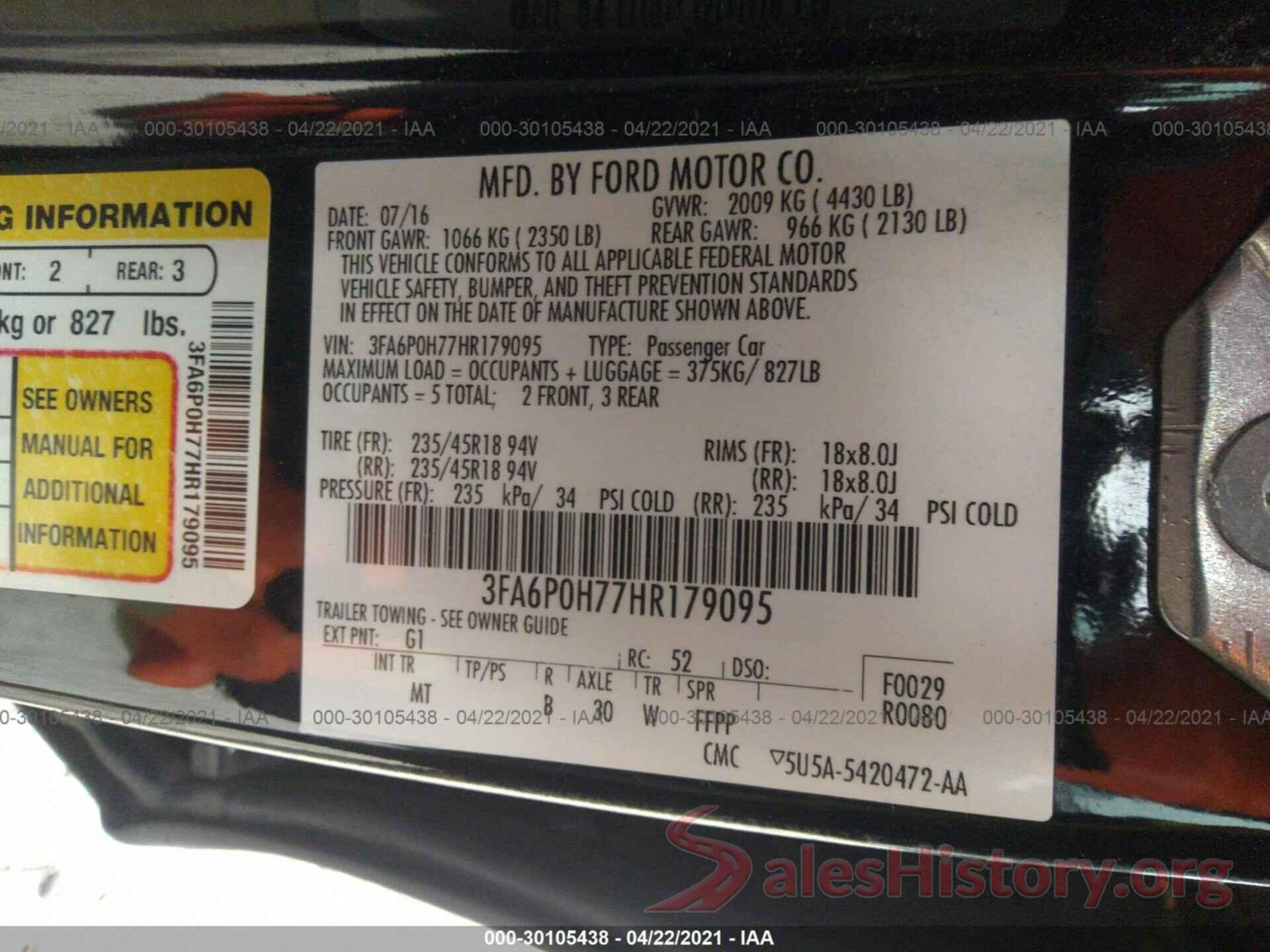 3FA6P0H77HR179095 2017 FORD FUSION