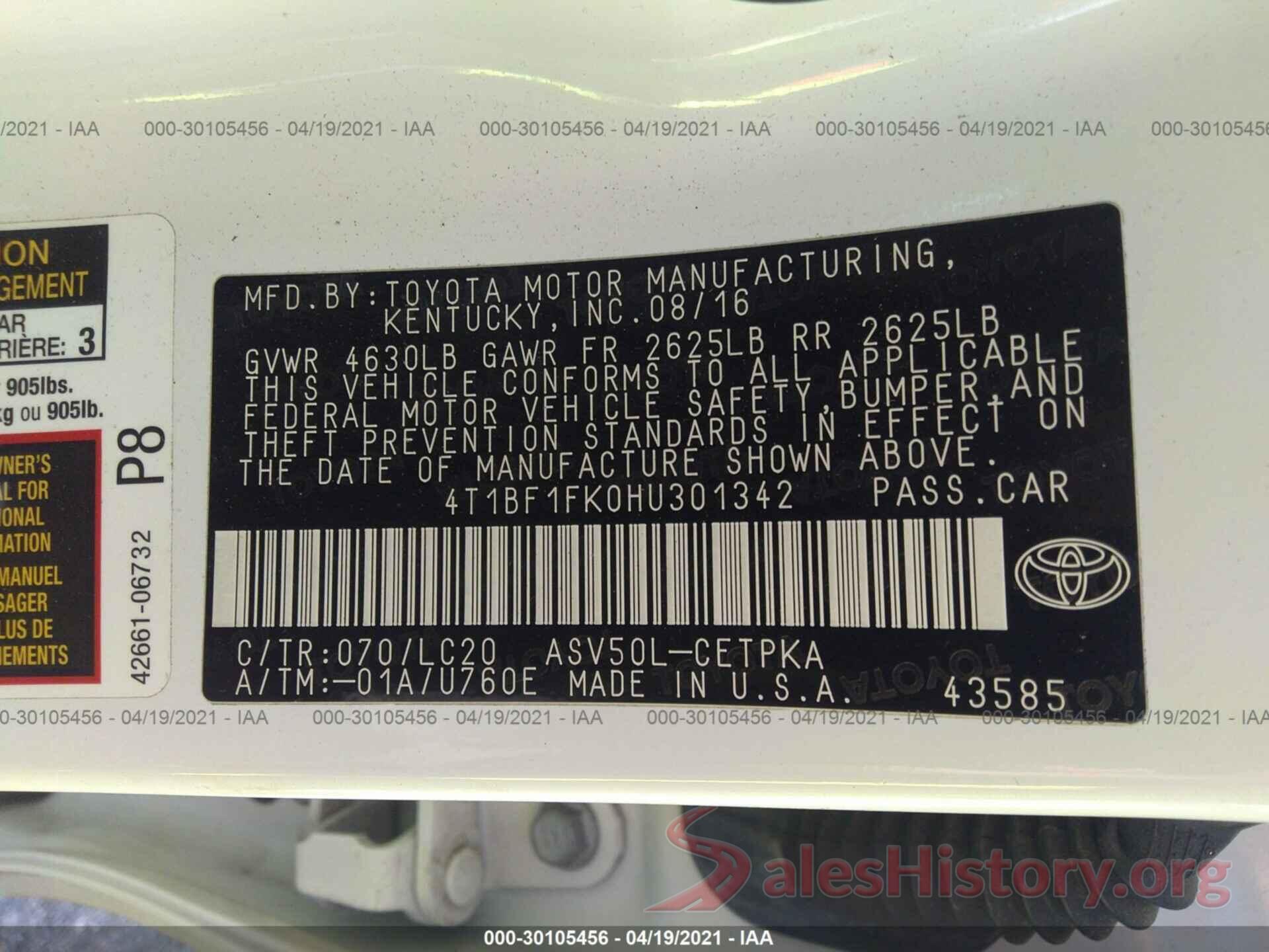 4T1BF1FK0HU301342 2017 TOYOTA CAMRY