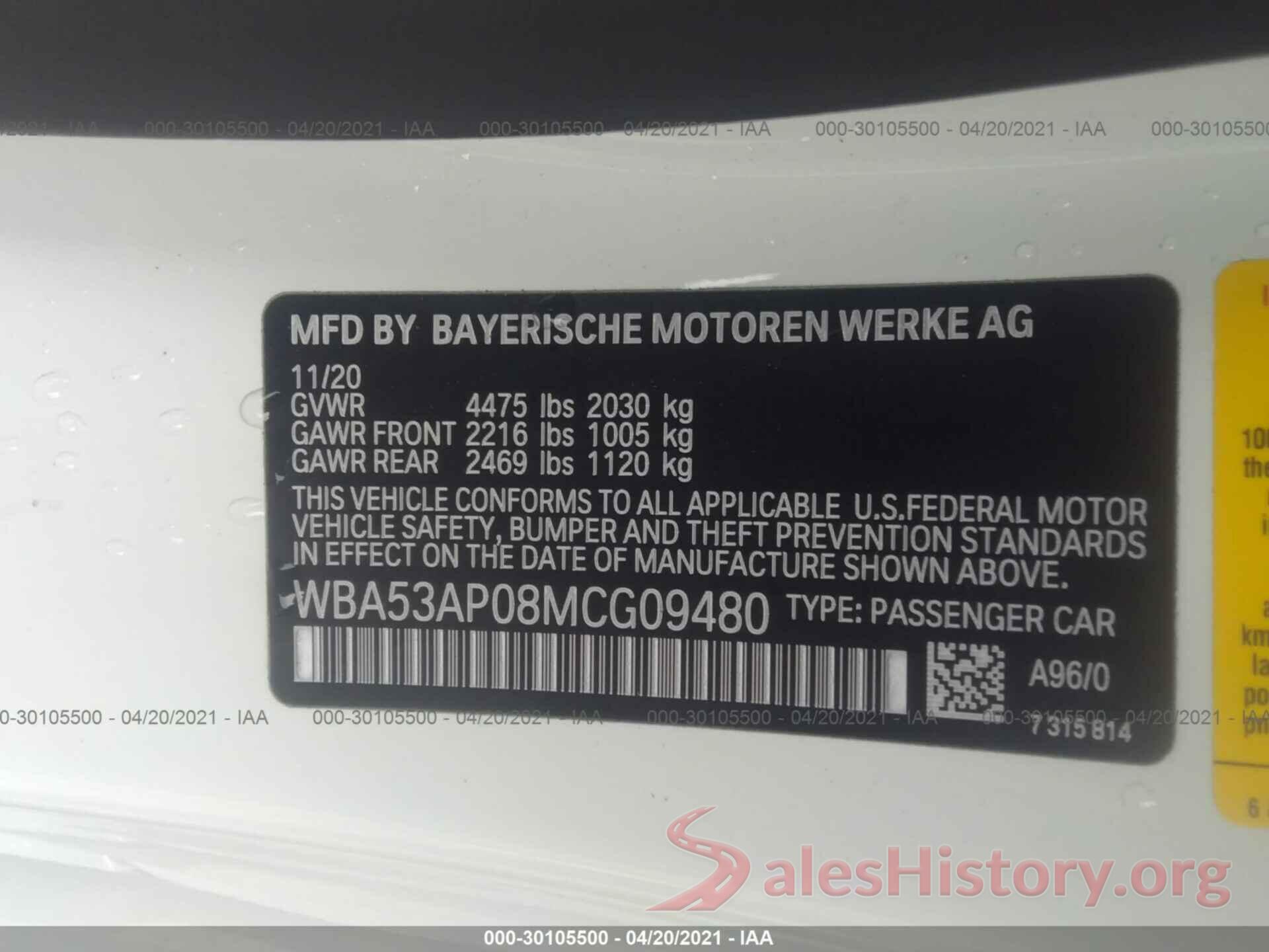 WBA53AP08MCG09480 2021 BMW 4 SERIES