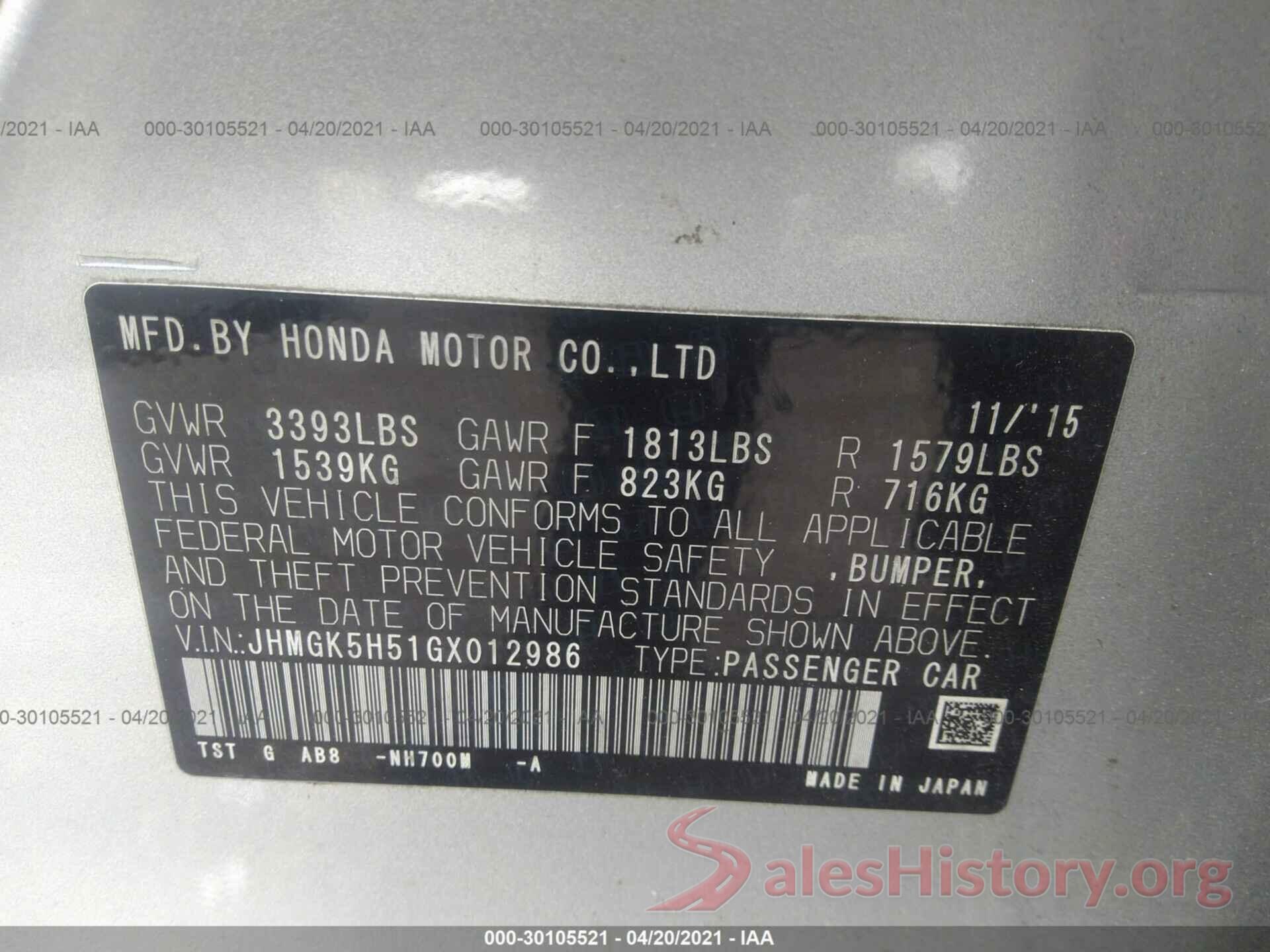 JHMGK5H51GX012986 2016 HONDA FIT