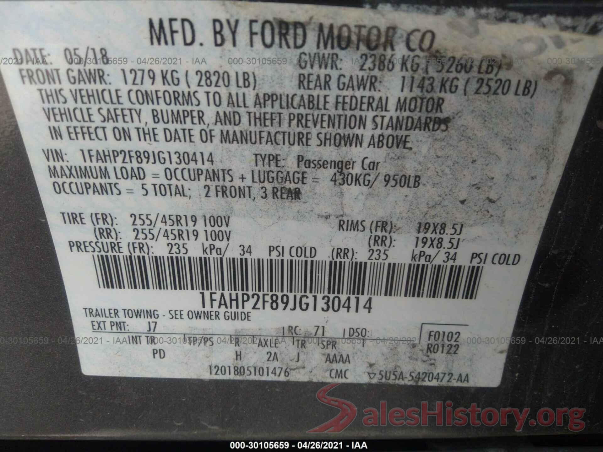 1FAHP2F89JG130414 2018 FORD TAURUS