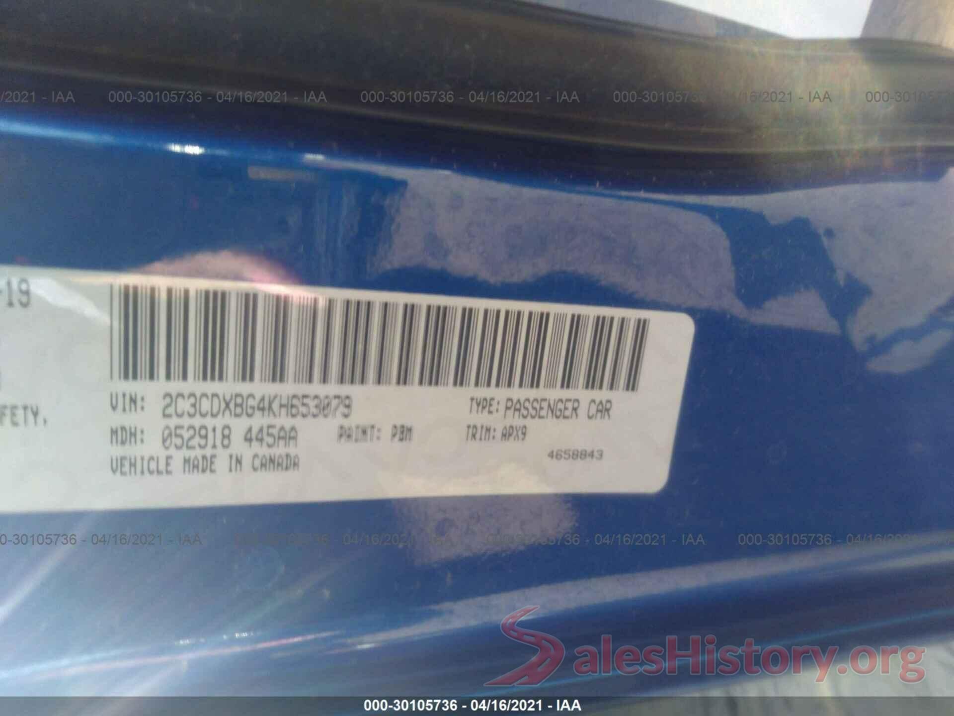 2C3CDXBG4KH653079 2019 DODGE CHARGER