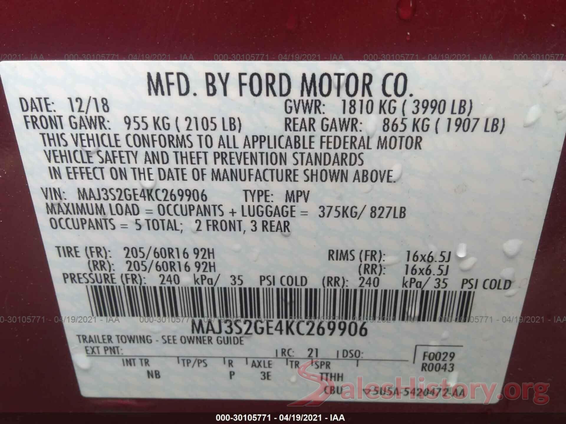 MAJ3S2GE4KC269906 2019 FORD ECOSPORT