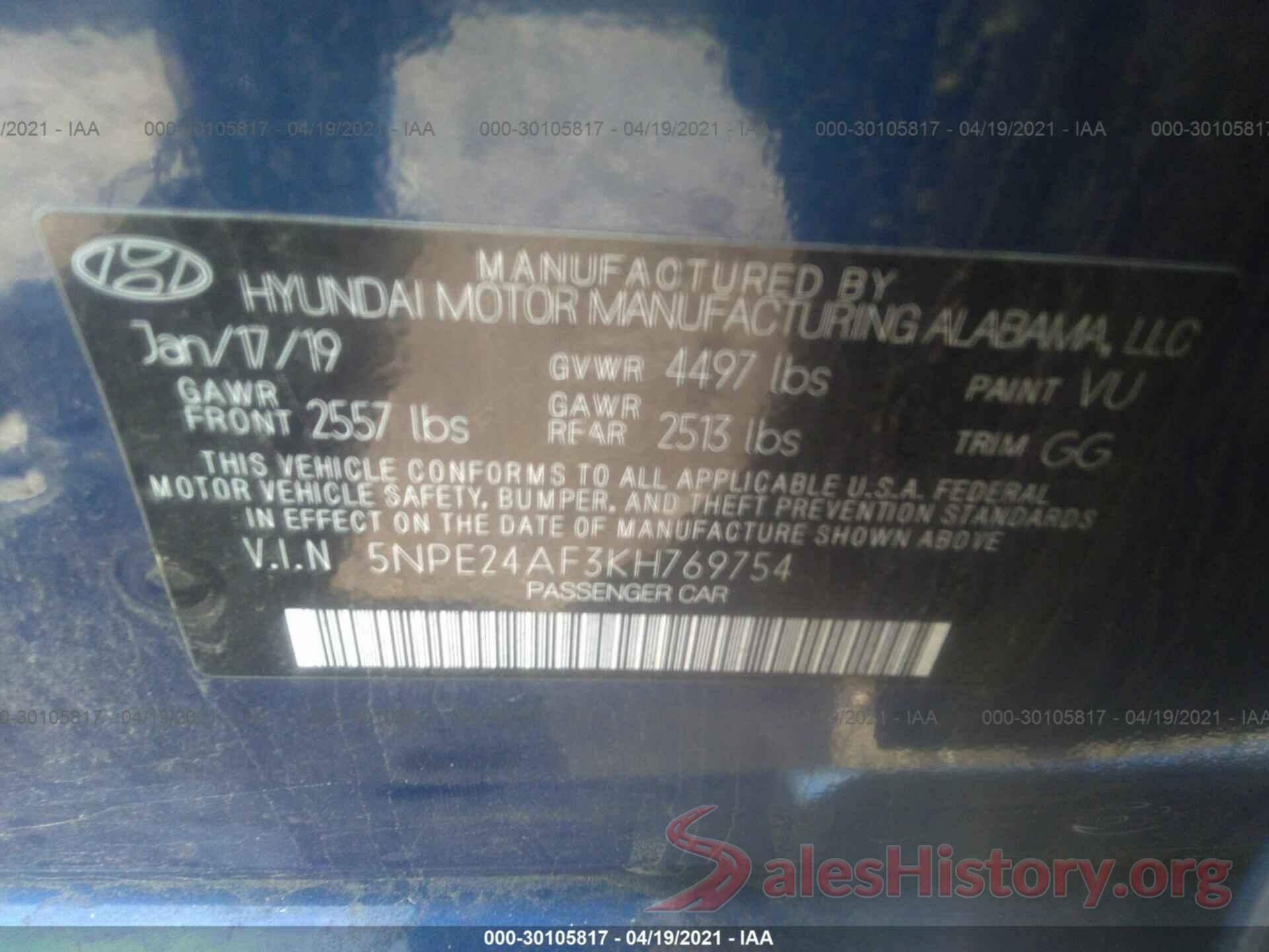 5NPE24AF3KH769754 2019 HYUNDAI SONATA