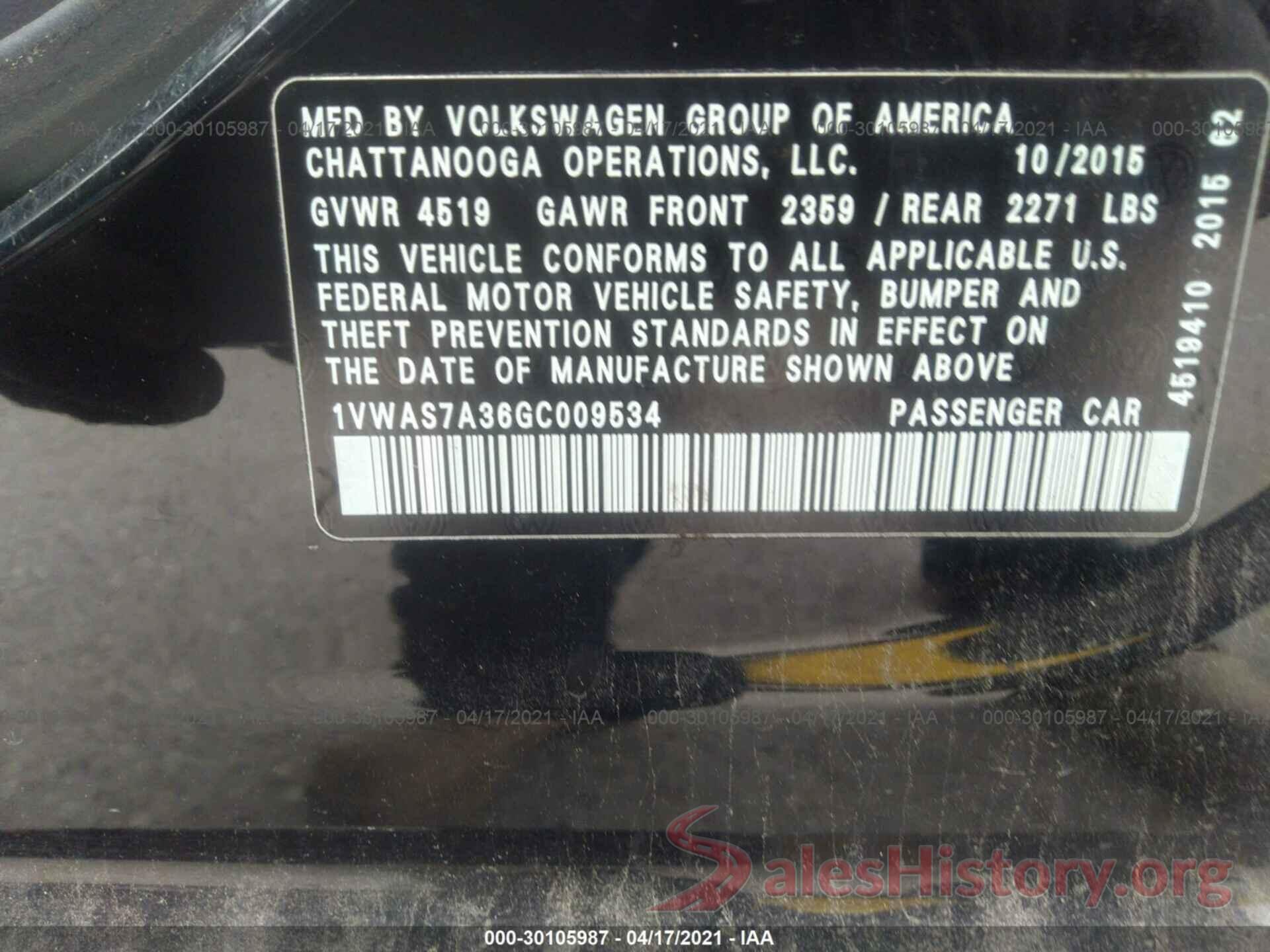 1VWAS7A36GC009534 2016 VOLKSWAGEN PASSAT