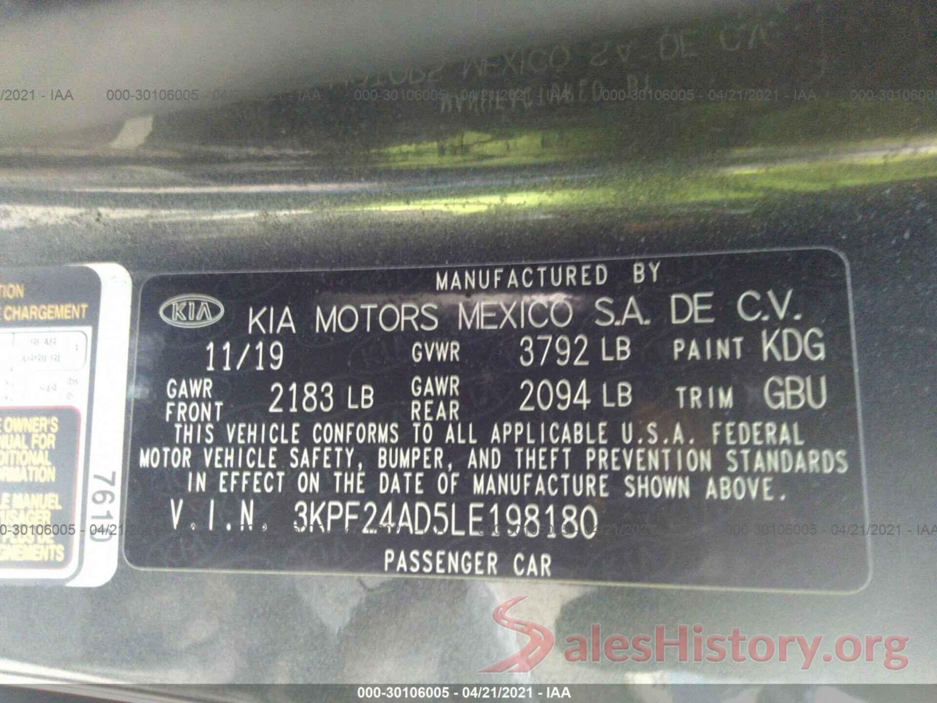 3KPF24AD5LE198180 2020 KIA FORTE