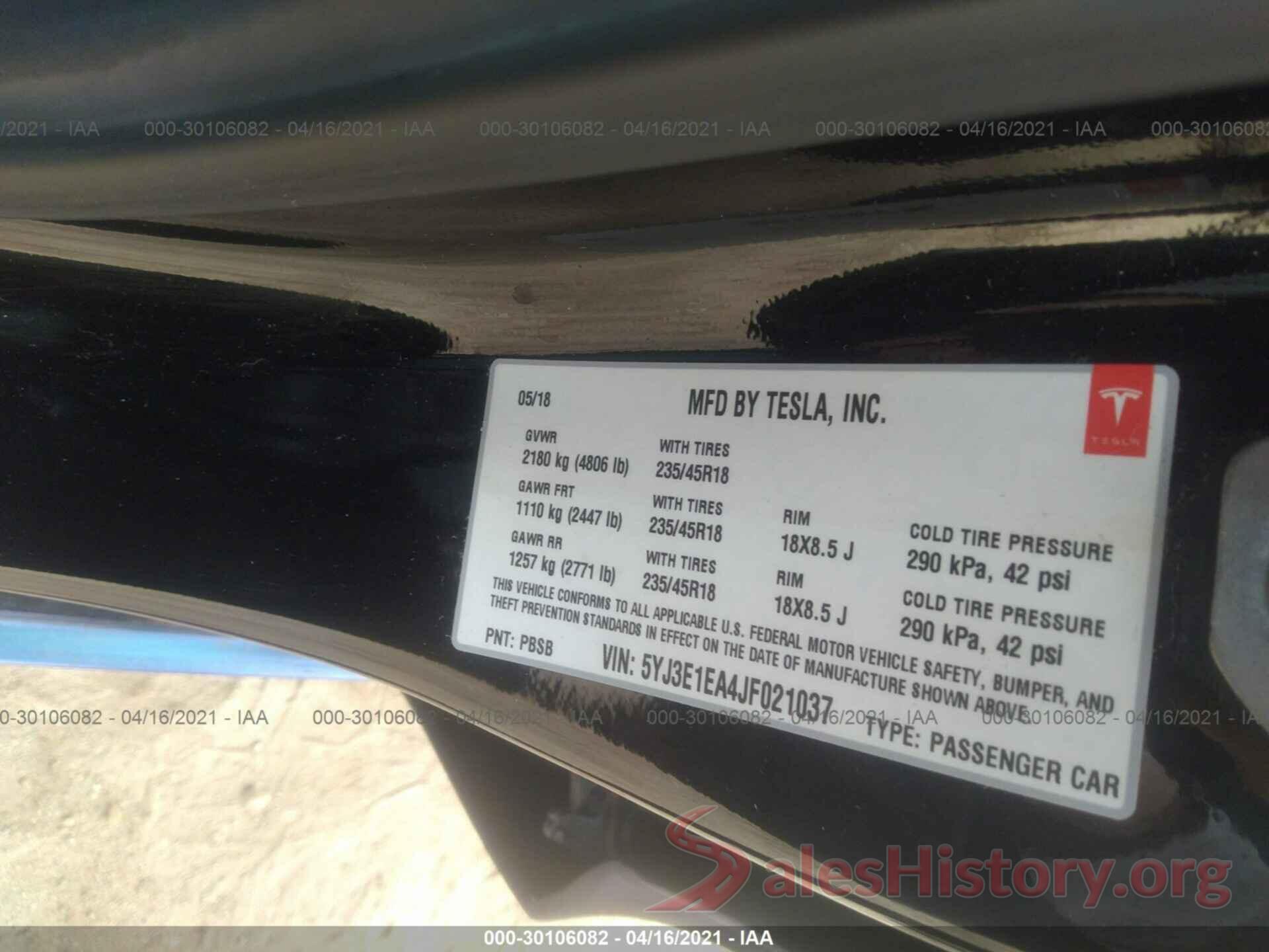 5YJ3E1EA4JF021037 2018 TESLA MODEL 3