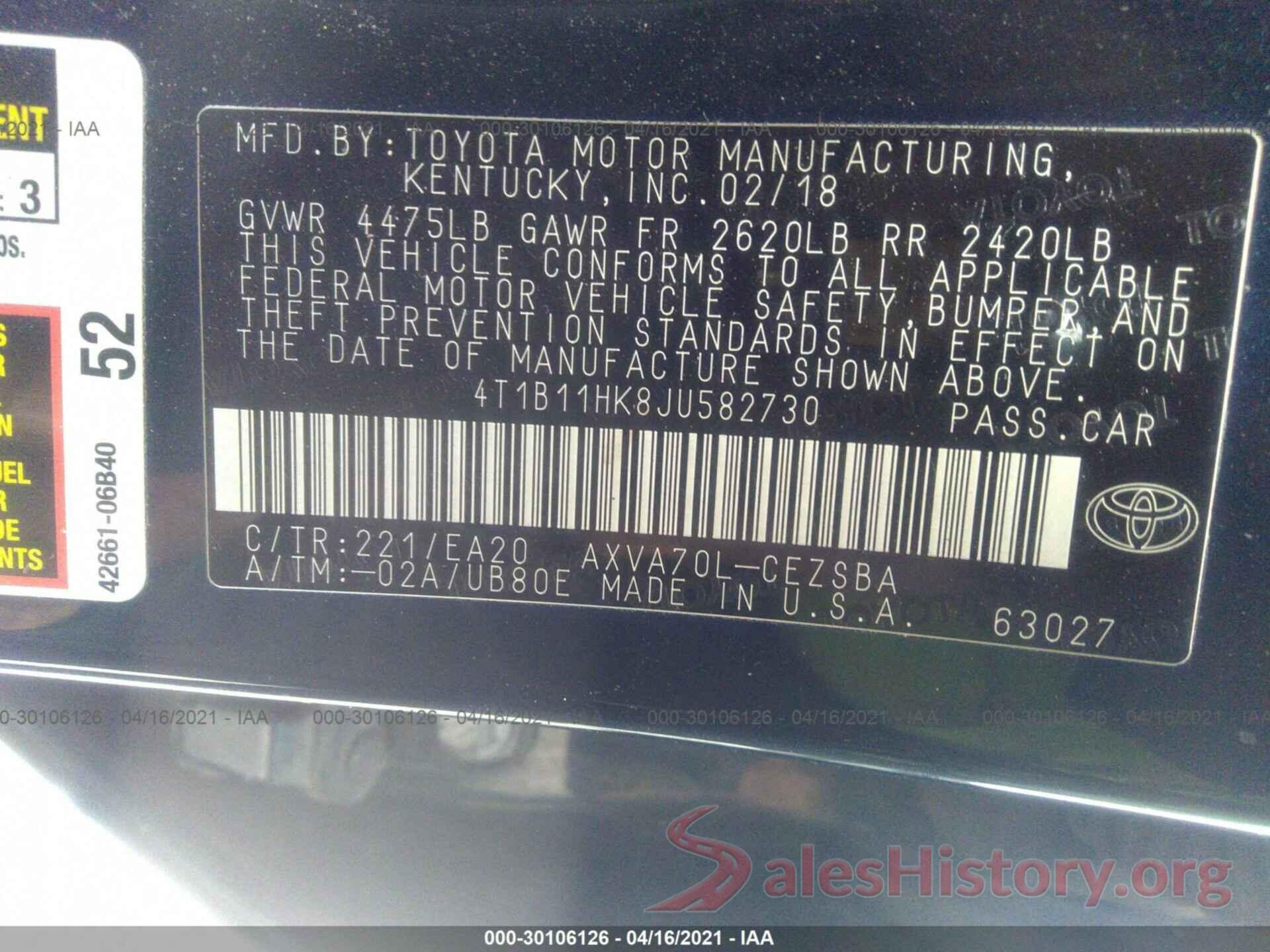 4T1B11HK8JU582730 2018 TOYOTA CAMRY