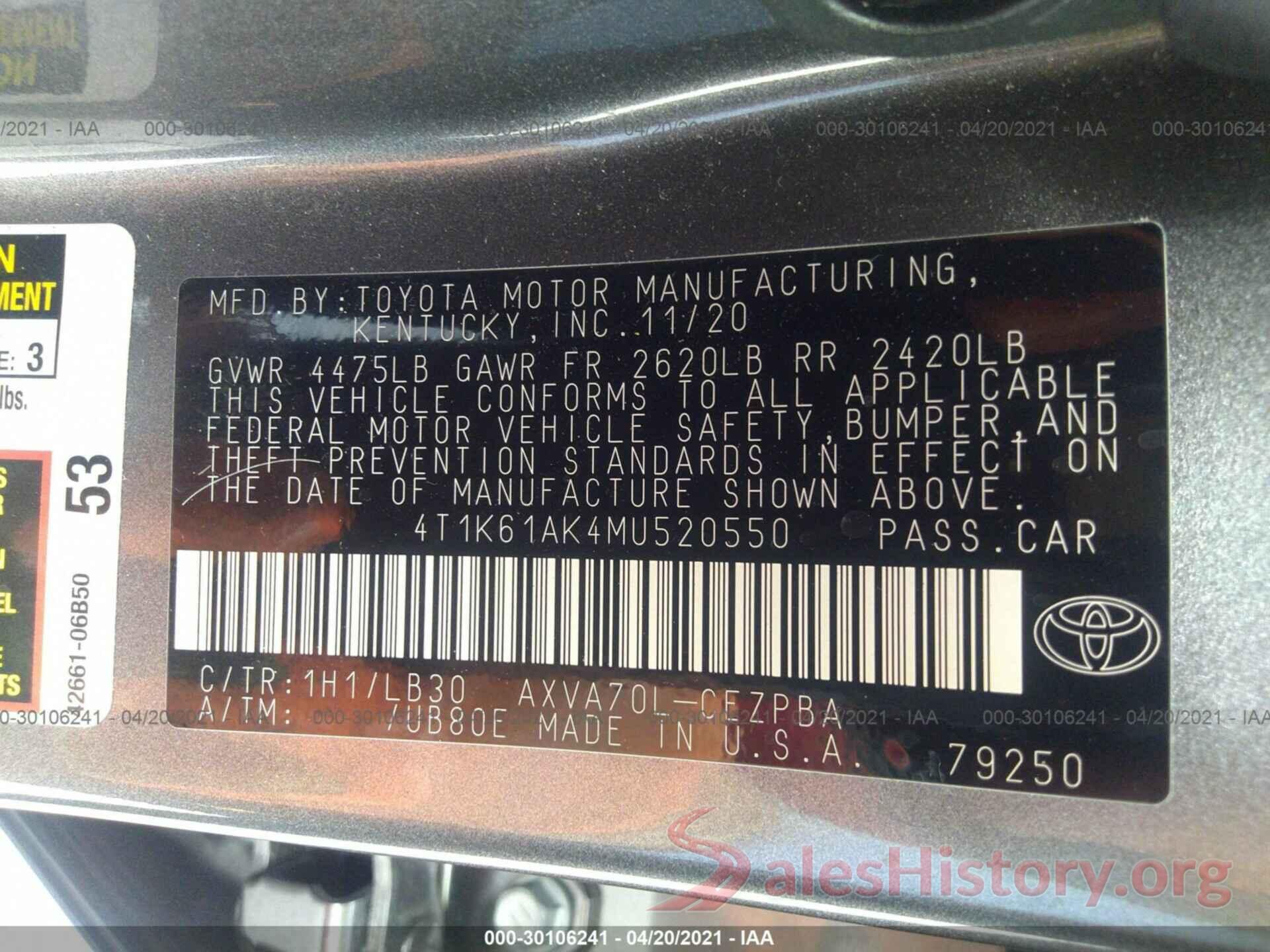 4T1K61AK4MU520550 2021 TOYOTA CAMRY