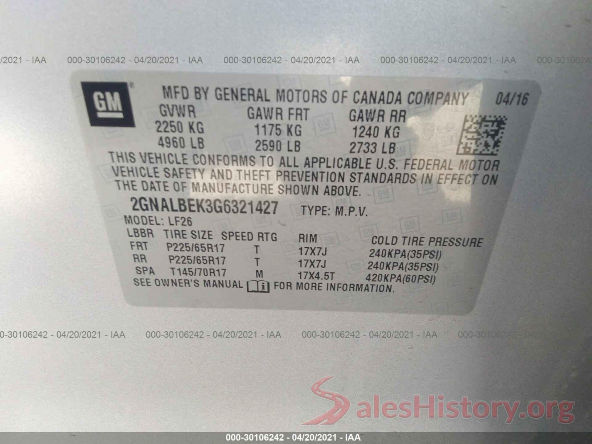 2GNALBEK3G6321427 2016 CHEVROLET EQUINOX