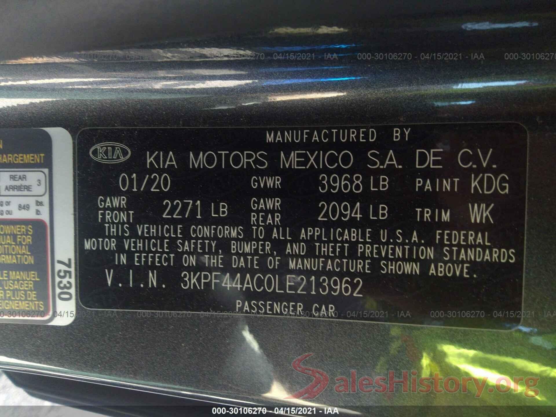 3KPF44AC0LE213962 2020 KIA FORTE