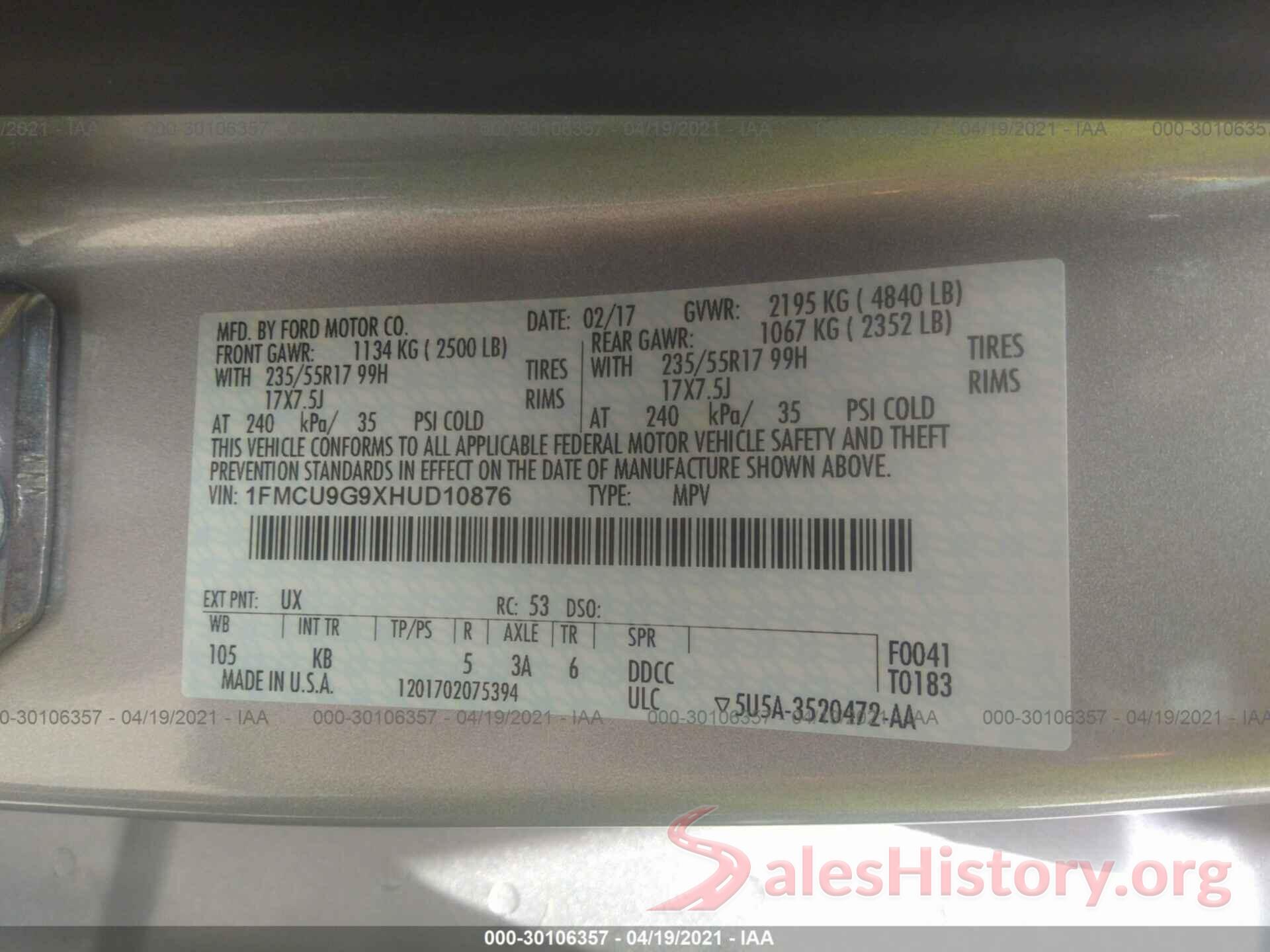 1FMCU9G9XHUD10876 2017 FORD ESCAPE