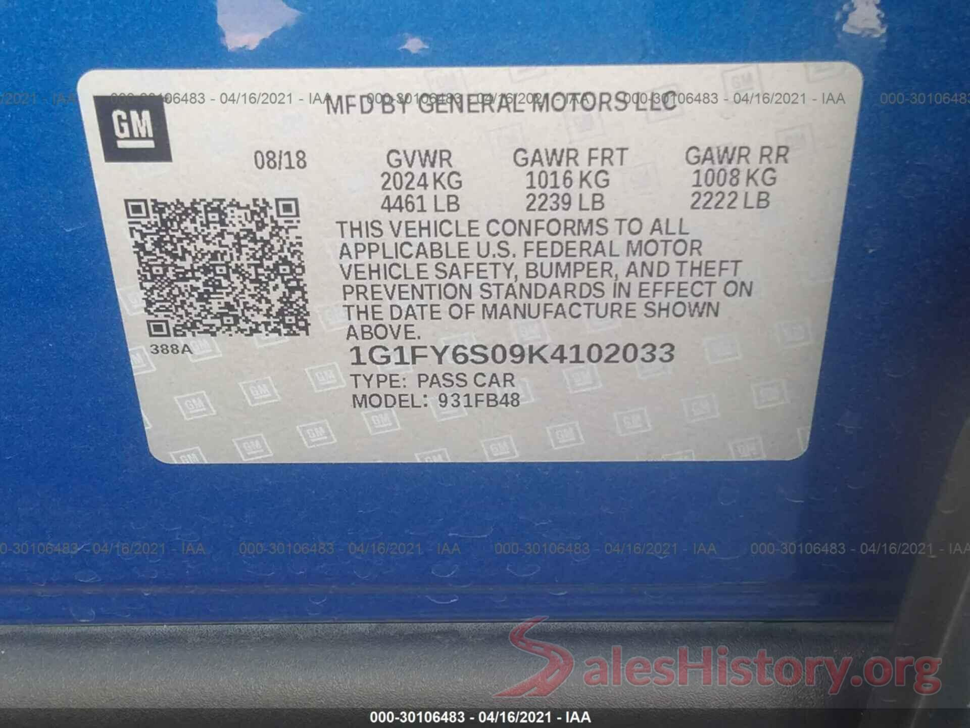 1G1FY6S09K4102033 2019 CHEVROLET BOLT EV