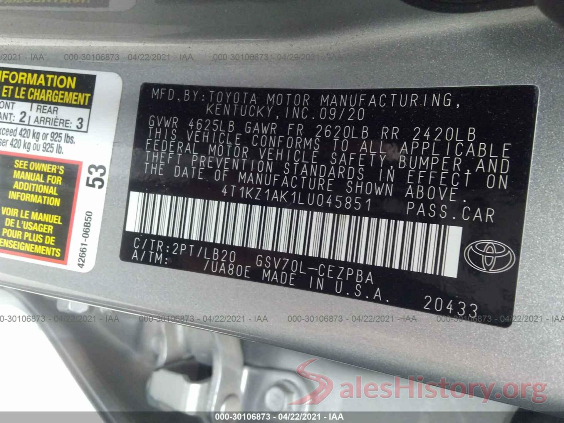 4T1KZ1AK1LU045851 2020 TOYOTA CAMRY