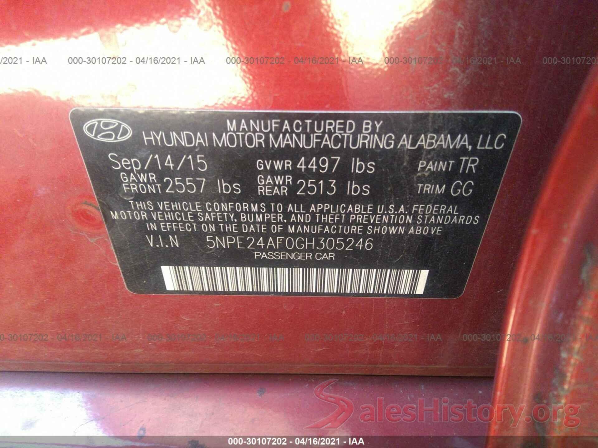 5NPE24AF0GH305246 2016 HYUNDAI SONATA