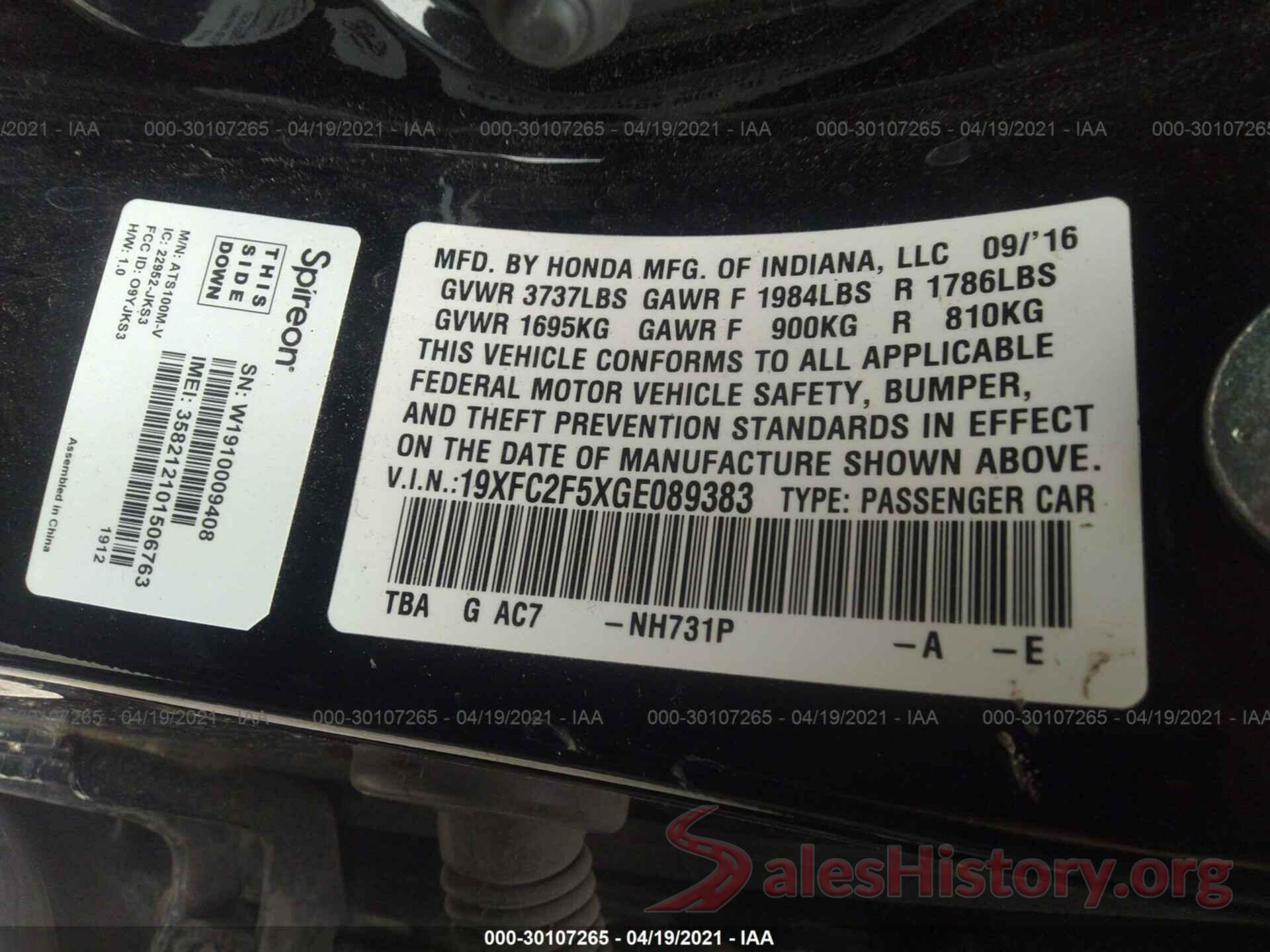 19XFC2F5XGE089383 2016 HONDA CIVIC SEDAN