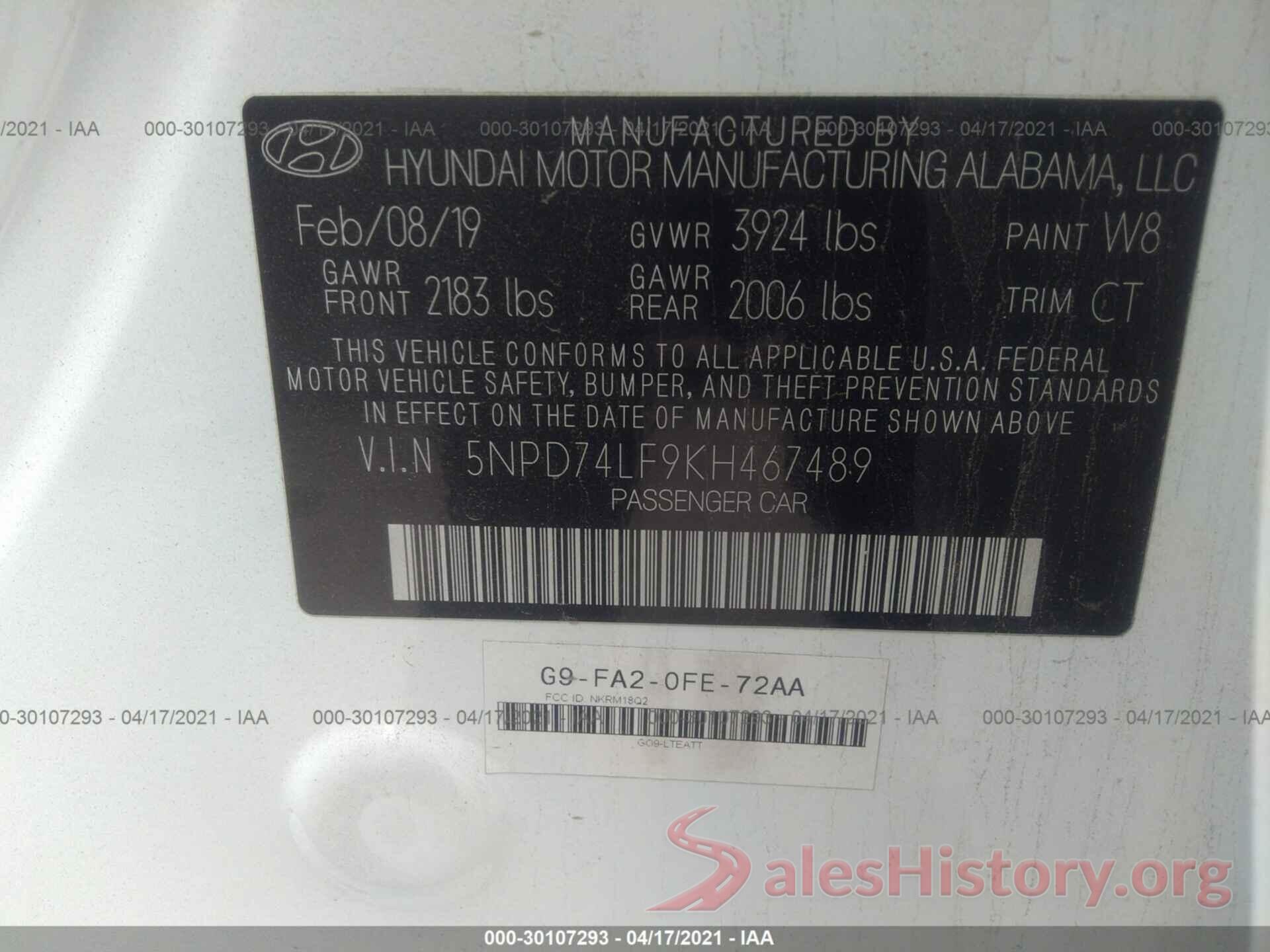 5NPD74LF9KH467489 2019 HYUNDAI ELANTRA