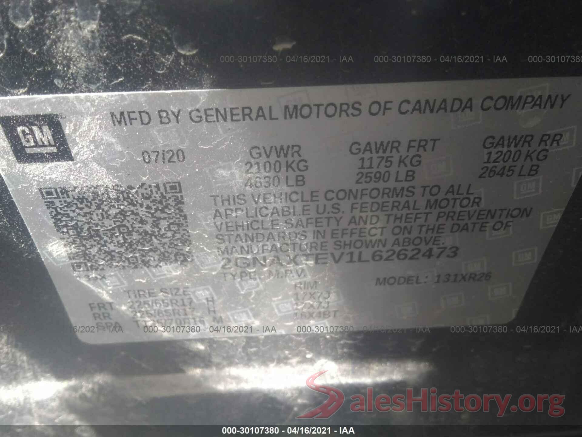 2GNAXTEV1L6262473 2020 CHEVROLET EQUINOX