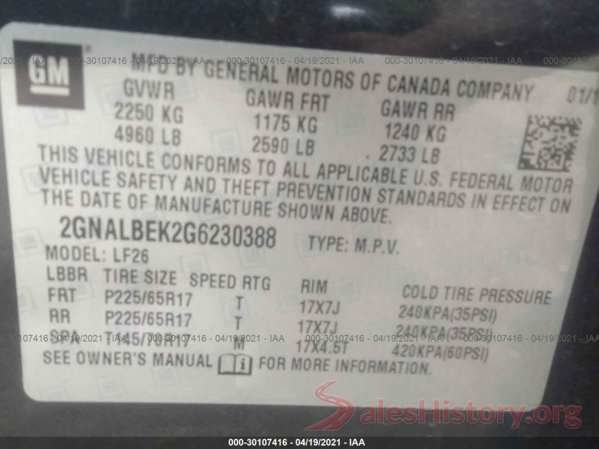 2GNALBEK2G6230388 2016 CHEVROLET EQUINOX