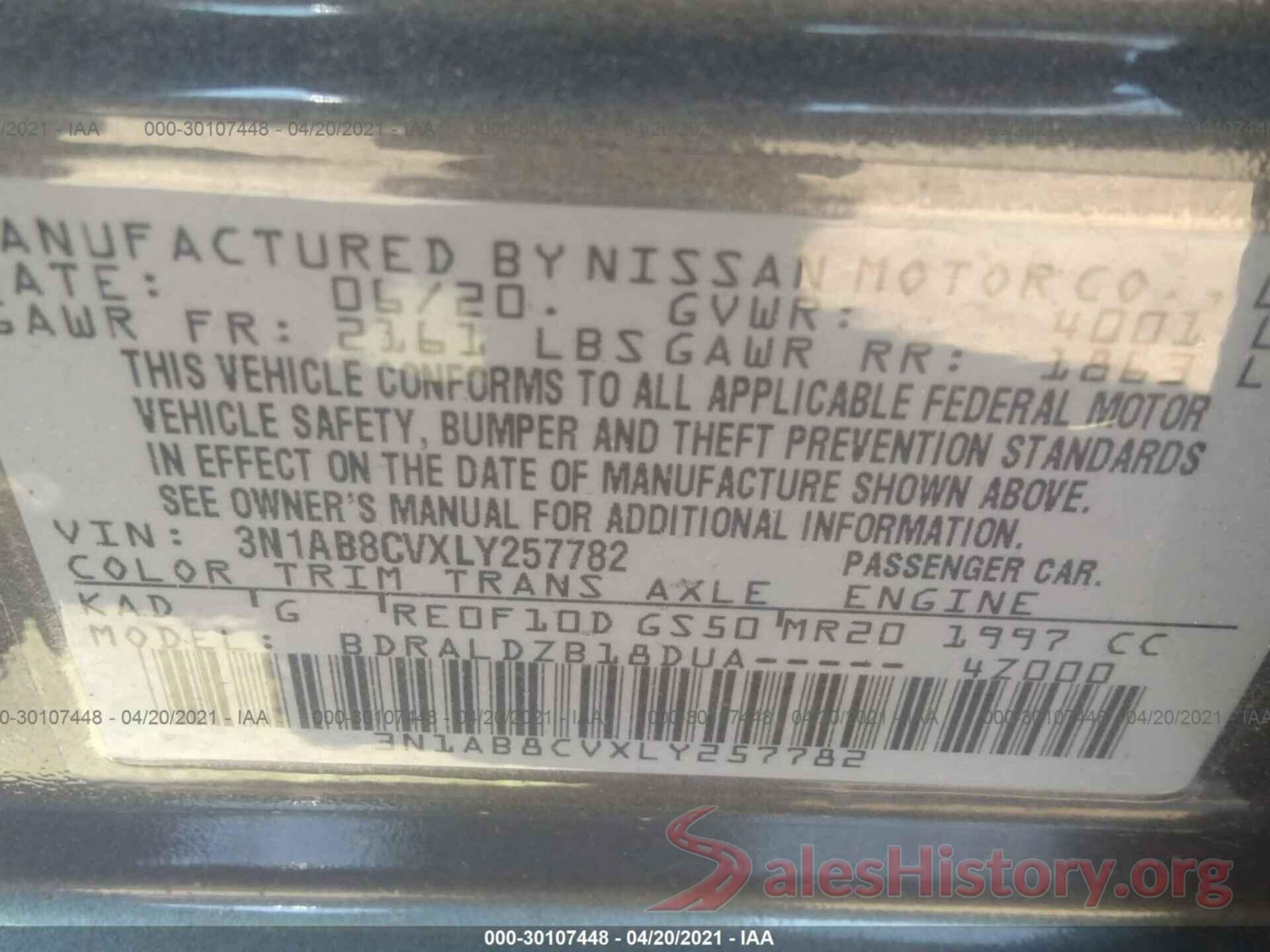 3N1AB8CVXLY257782 2020 NISSAN SENTRA