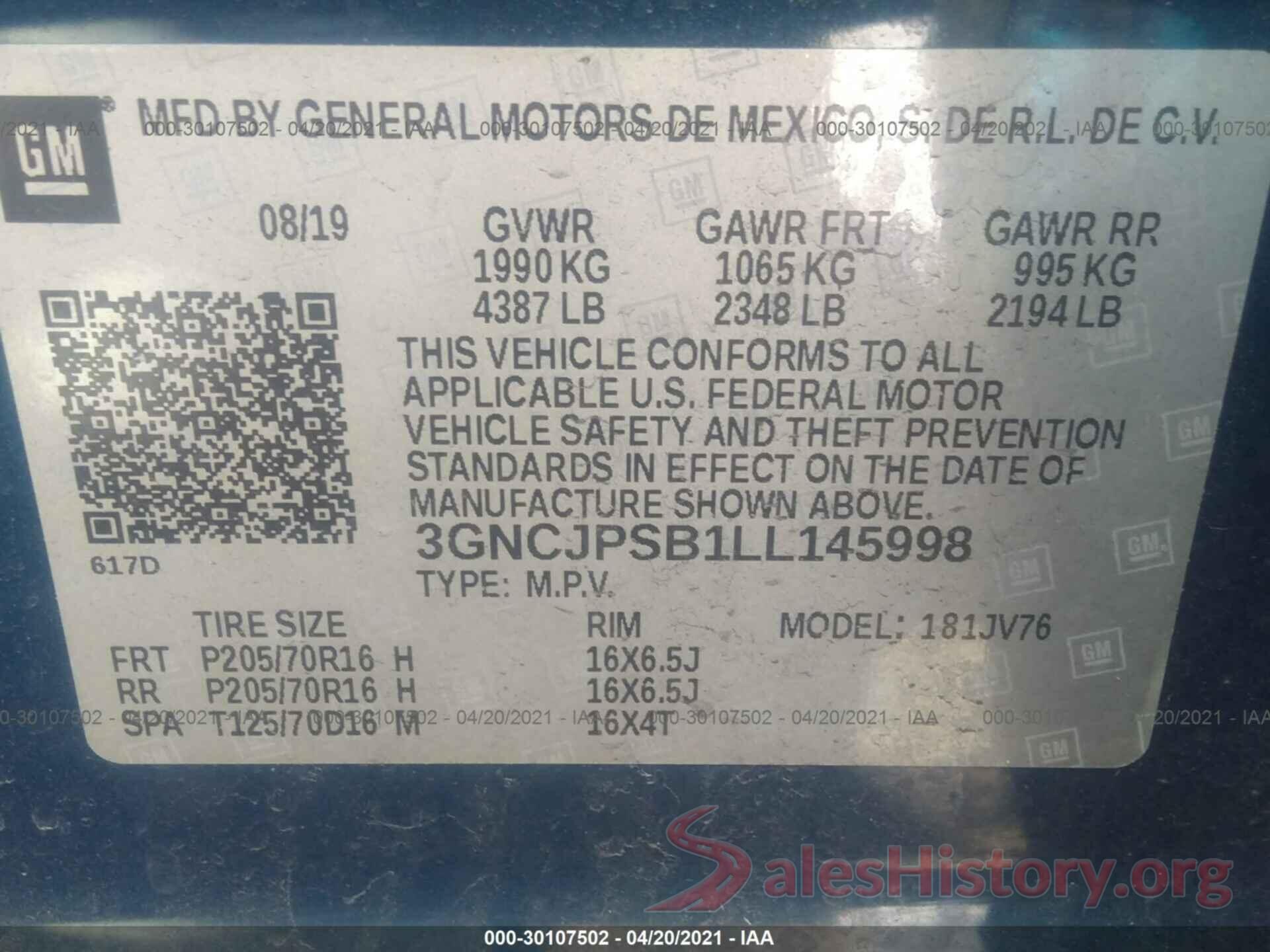 3GNCJPSB1LL145998 2020 CHEVROLET TRAX