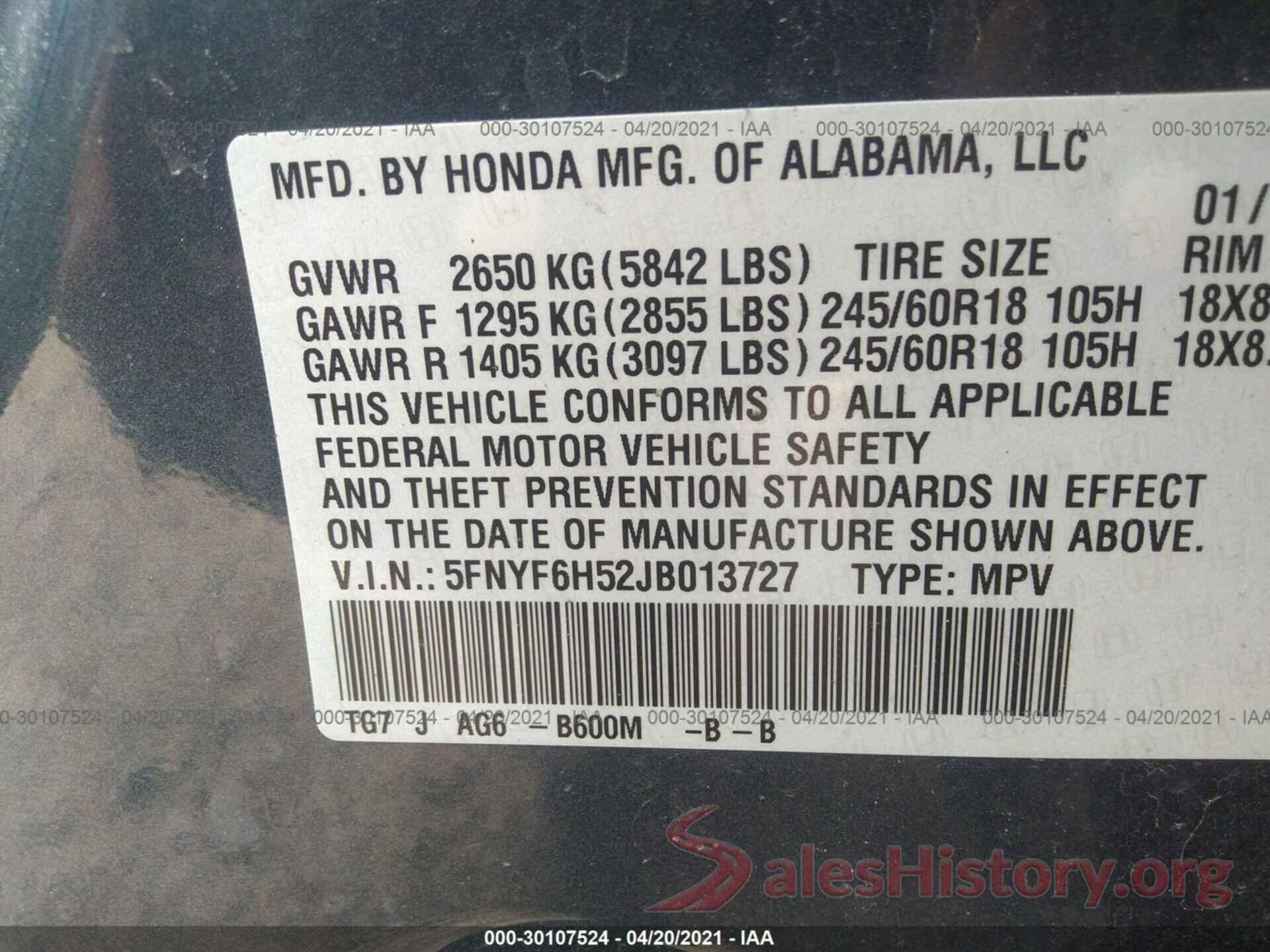 5FNYF6H52JB013727 2018 HONDA PILOT