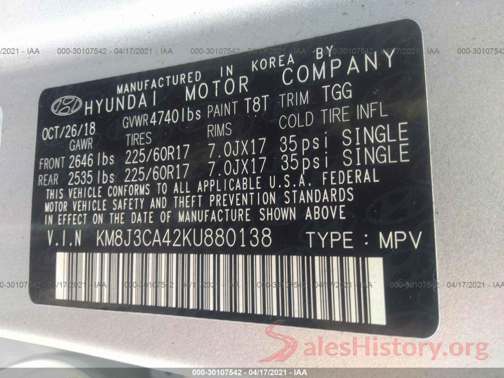 KM8J3CA42KU880138 2019 HYUNDAI TUCSON