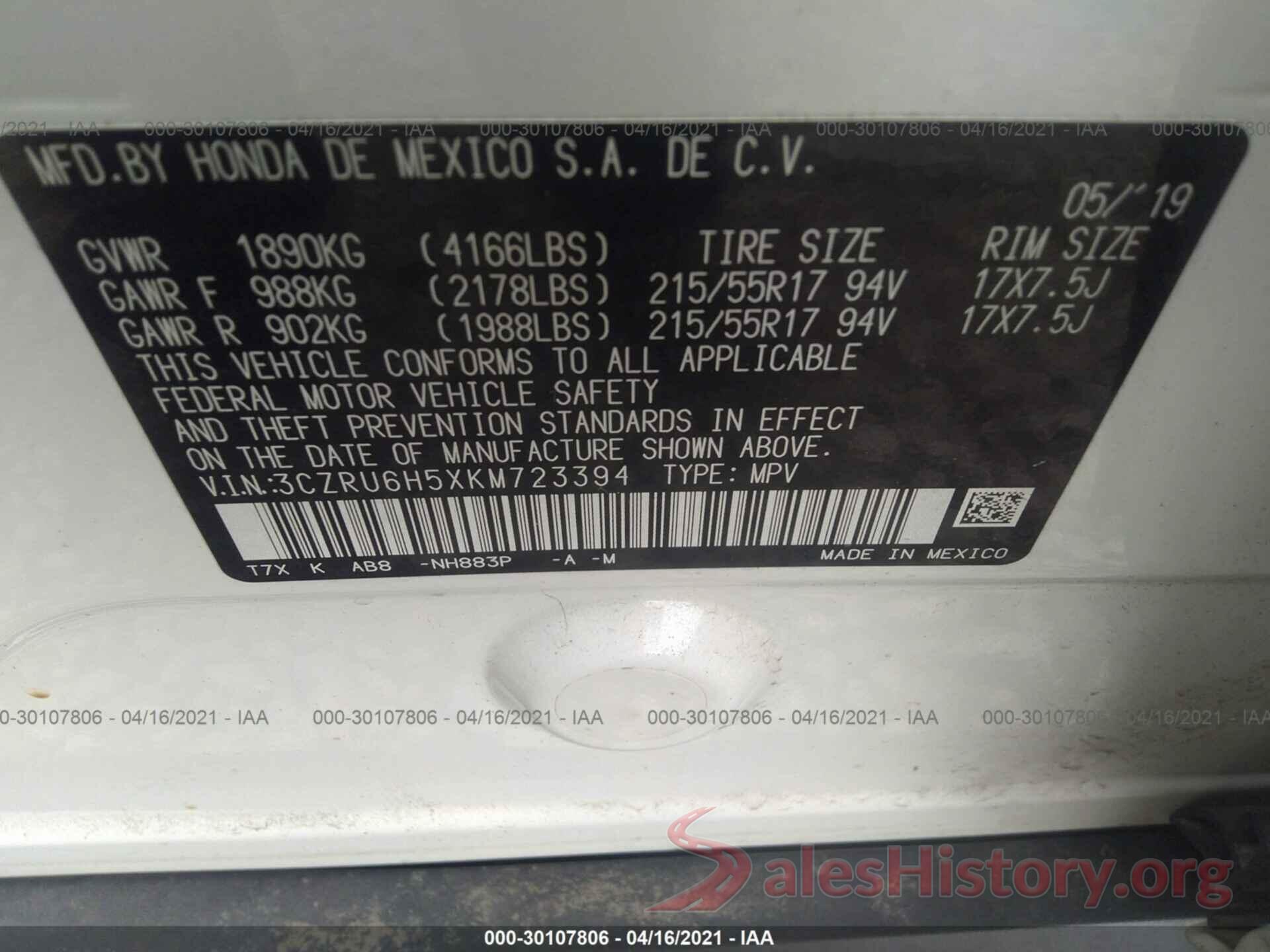 3CZRU6H5XKM723394 2019 HONDA HR-V