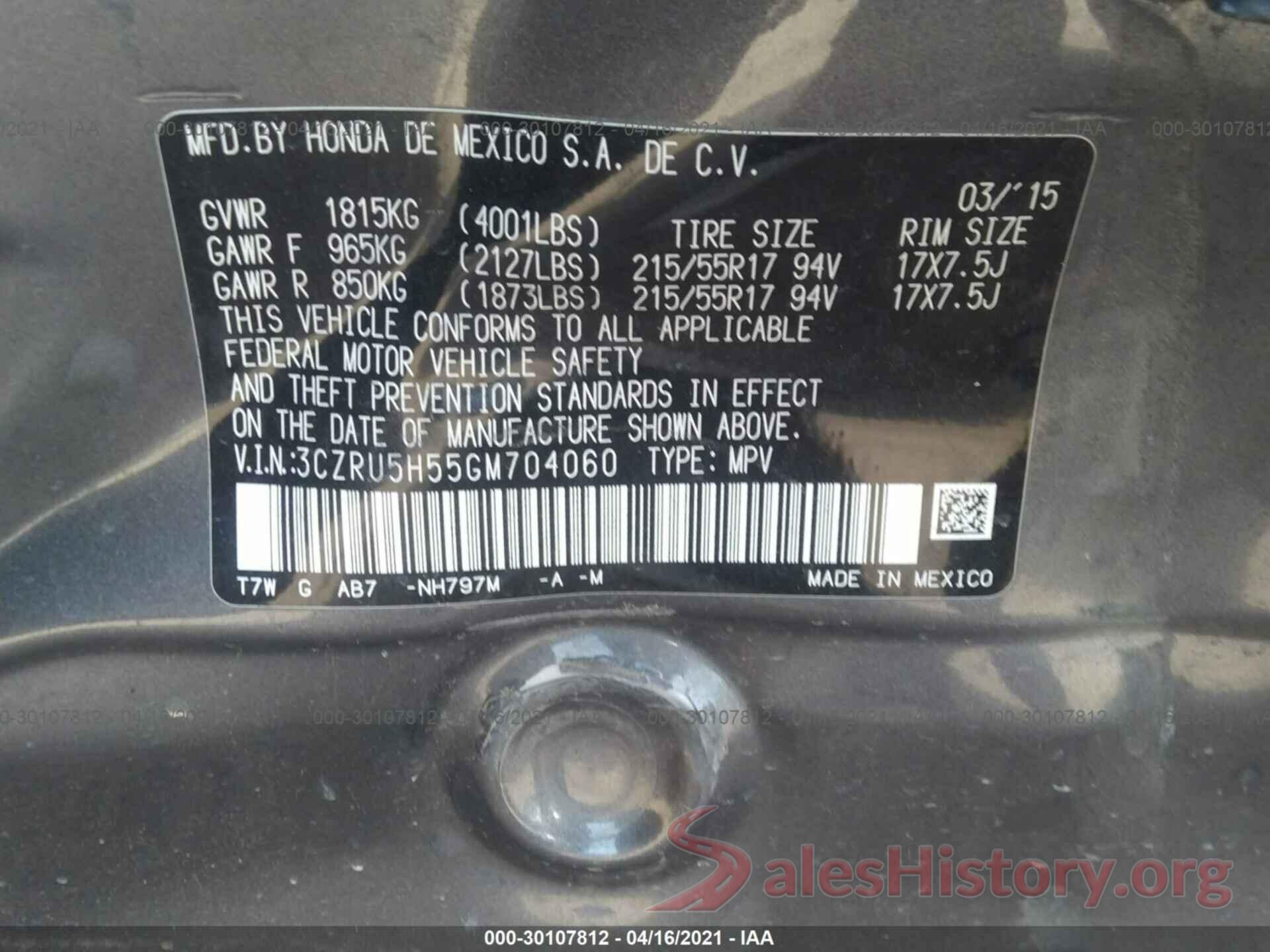 3CZRU5H55GM704060 2016 HONDA HR-V