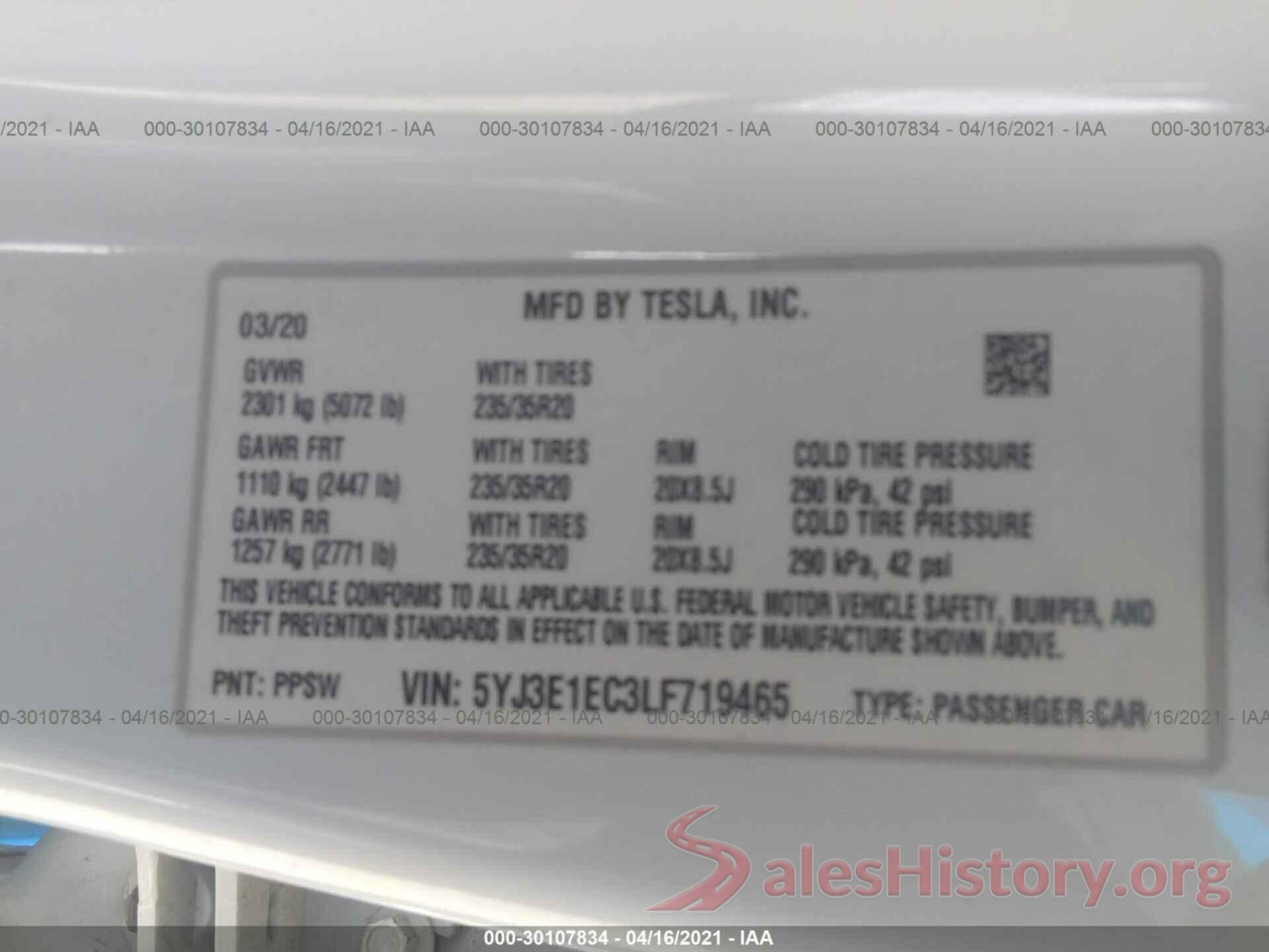 5YJ3E1EC3LF719465 2020 TESLA MODEL 3