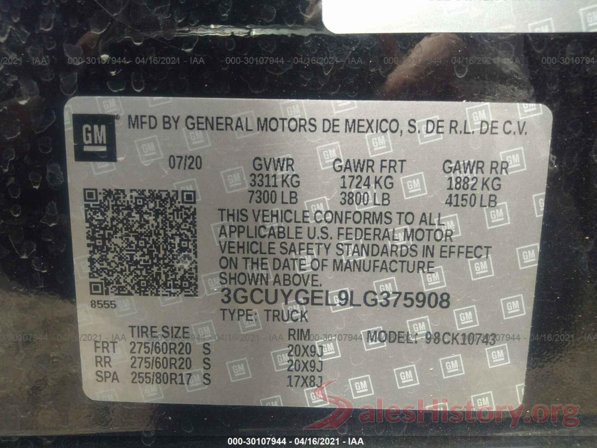 3GCUYGEL9LG375908 2020 CHEVROLET SILVERADO 1500