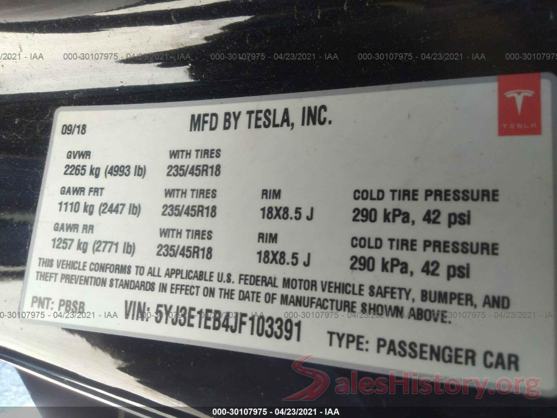 5YJ3E1EB4JF103391 2018 TESLA MODEL 3