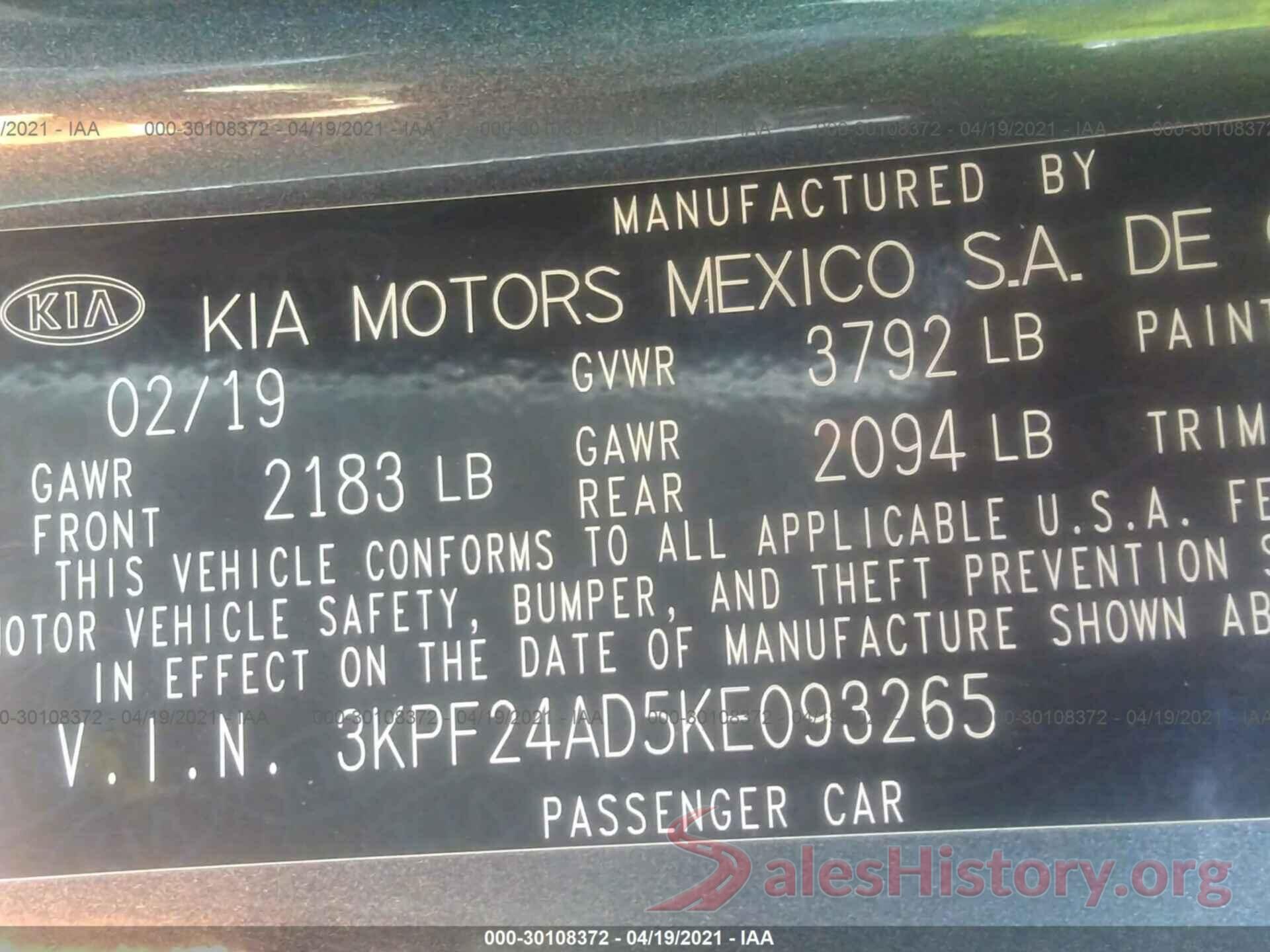 3KPF24AD5KE093265 2019 KIA FORTE