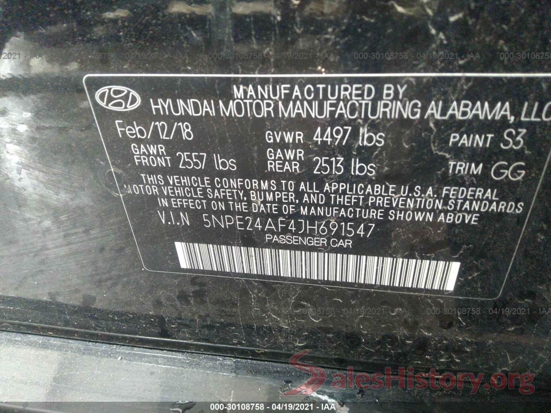 5NPE24AF4JH691547 2018 HYUNDAI SONATA