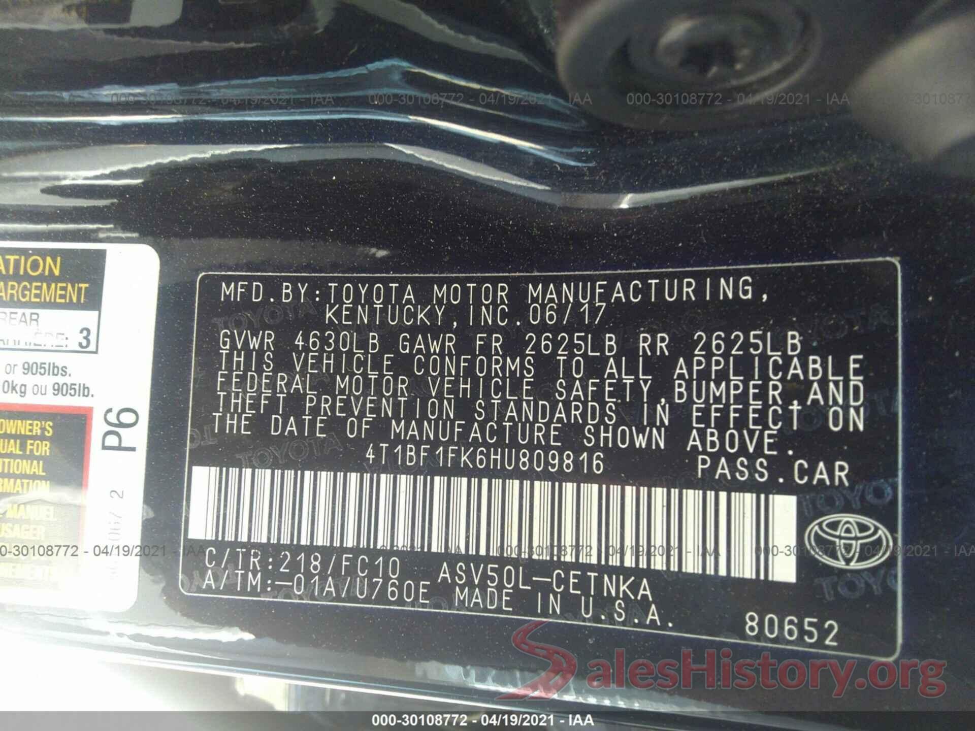 4T1BF1FK6HU809816 2017 TOYOTA CAMRY