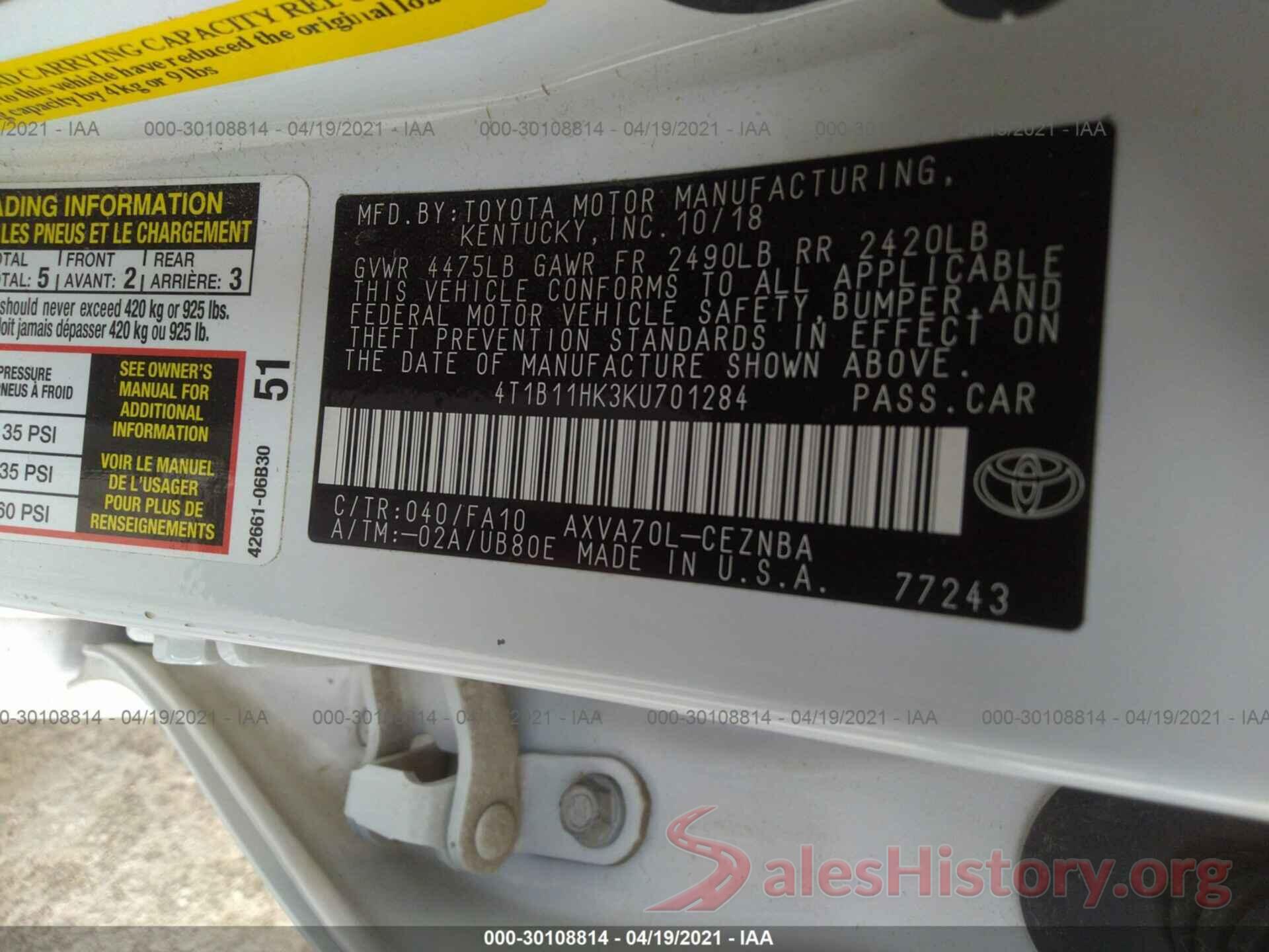 4T1B11HK3KU701284 2019 TOYOTA CAMRY