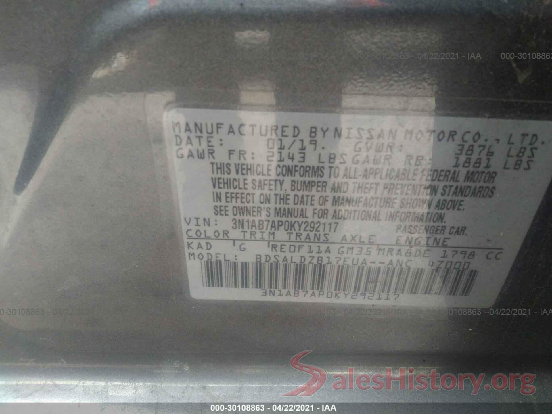 3N1AB7AP0KY292117 2019 NISSAN SENTRA