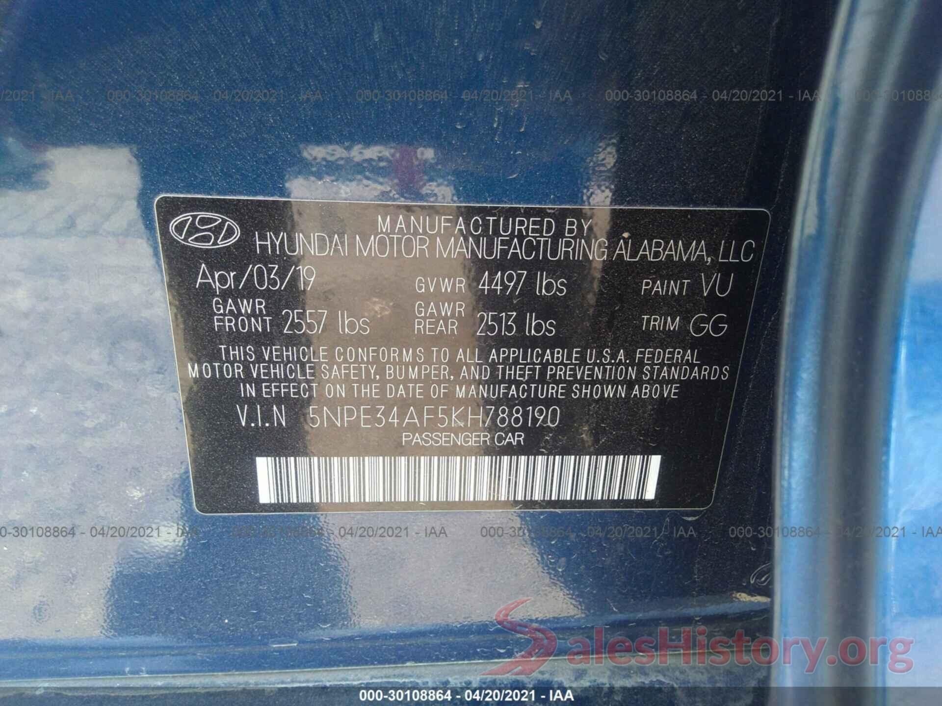 5NPE34AF5KH788190 2019 HYUNDAI SONATA